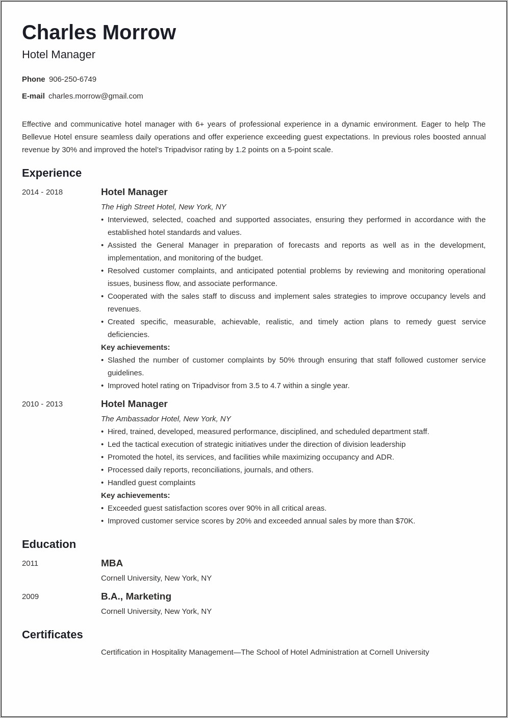 Resume Templates For Hospitality Management