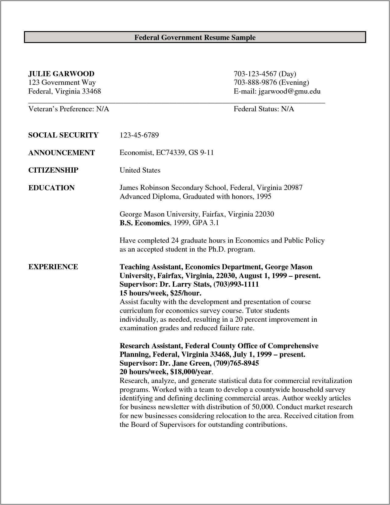 Resume Templates For State Jobs