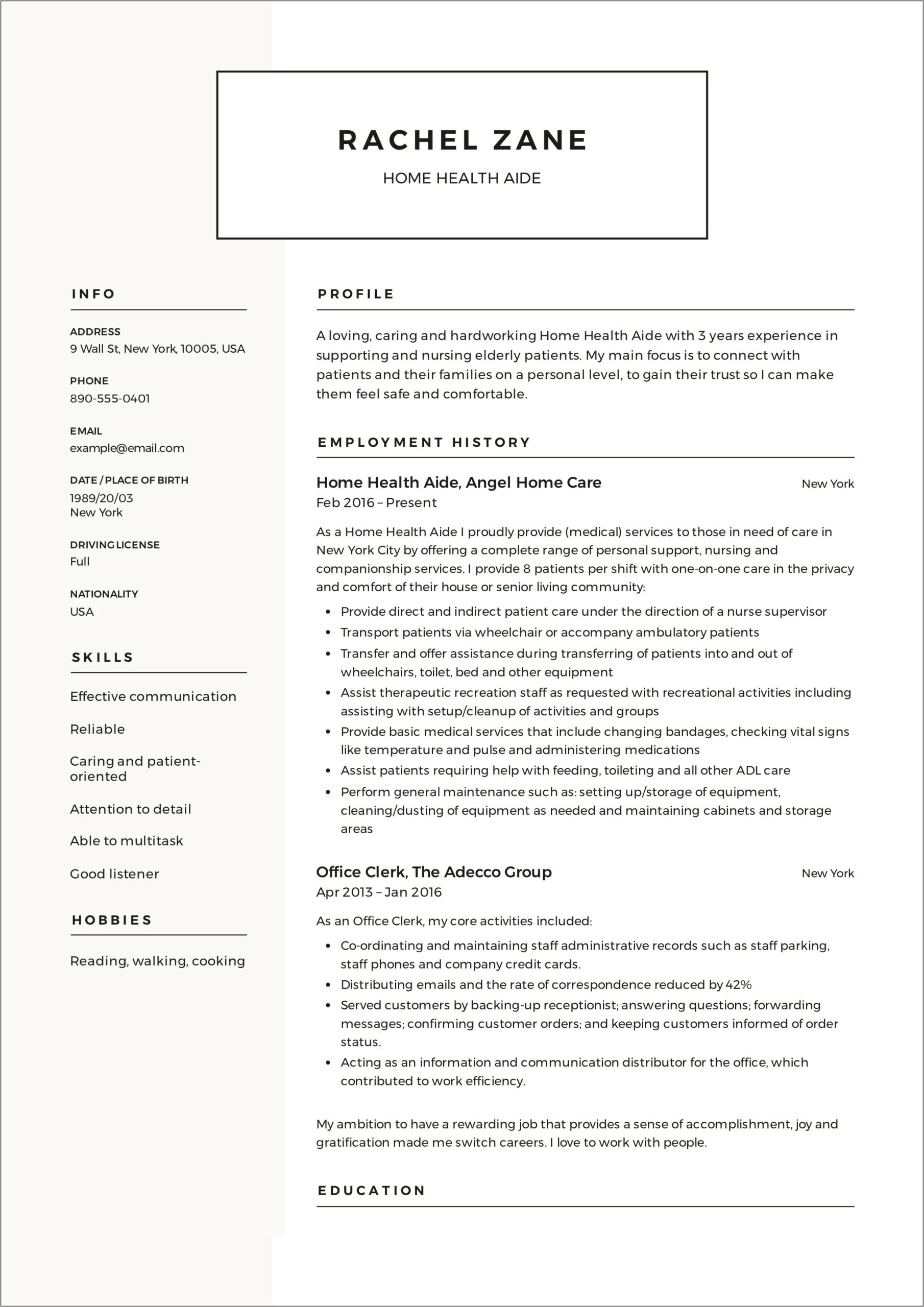 Resume Templates Free For Homecare