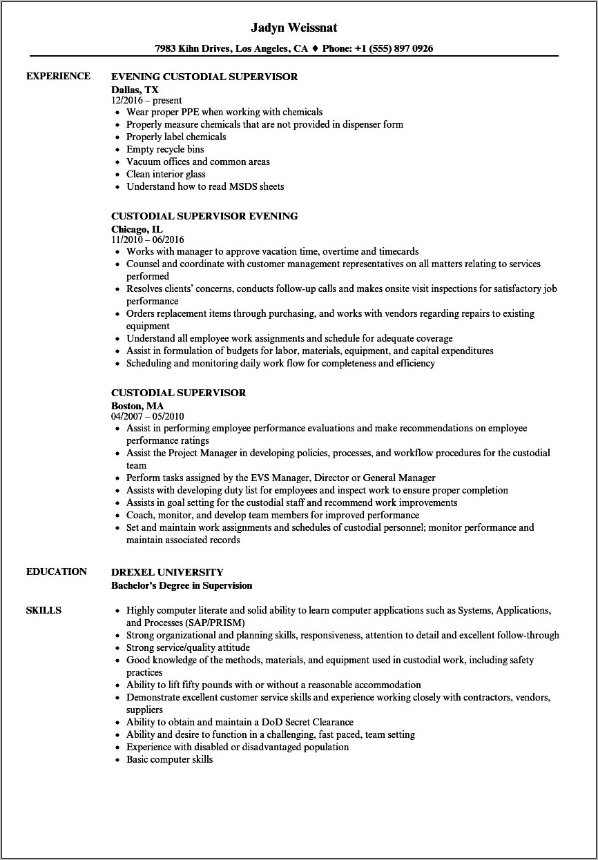 Resume Title Examples For Custodian