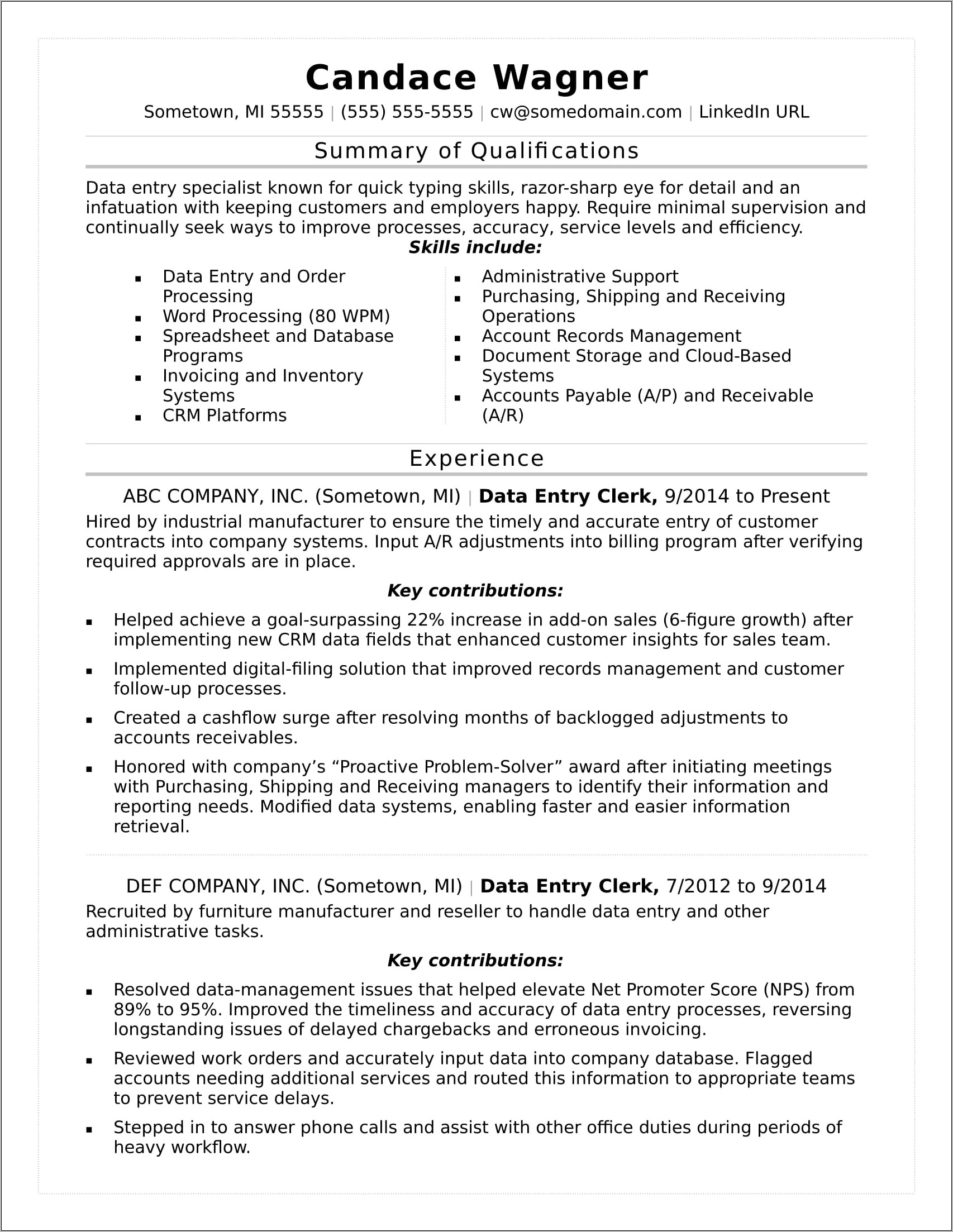 Resume With Contract Positions Examples