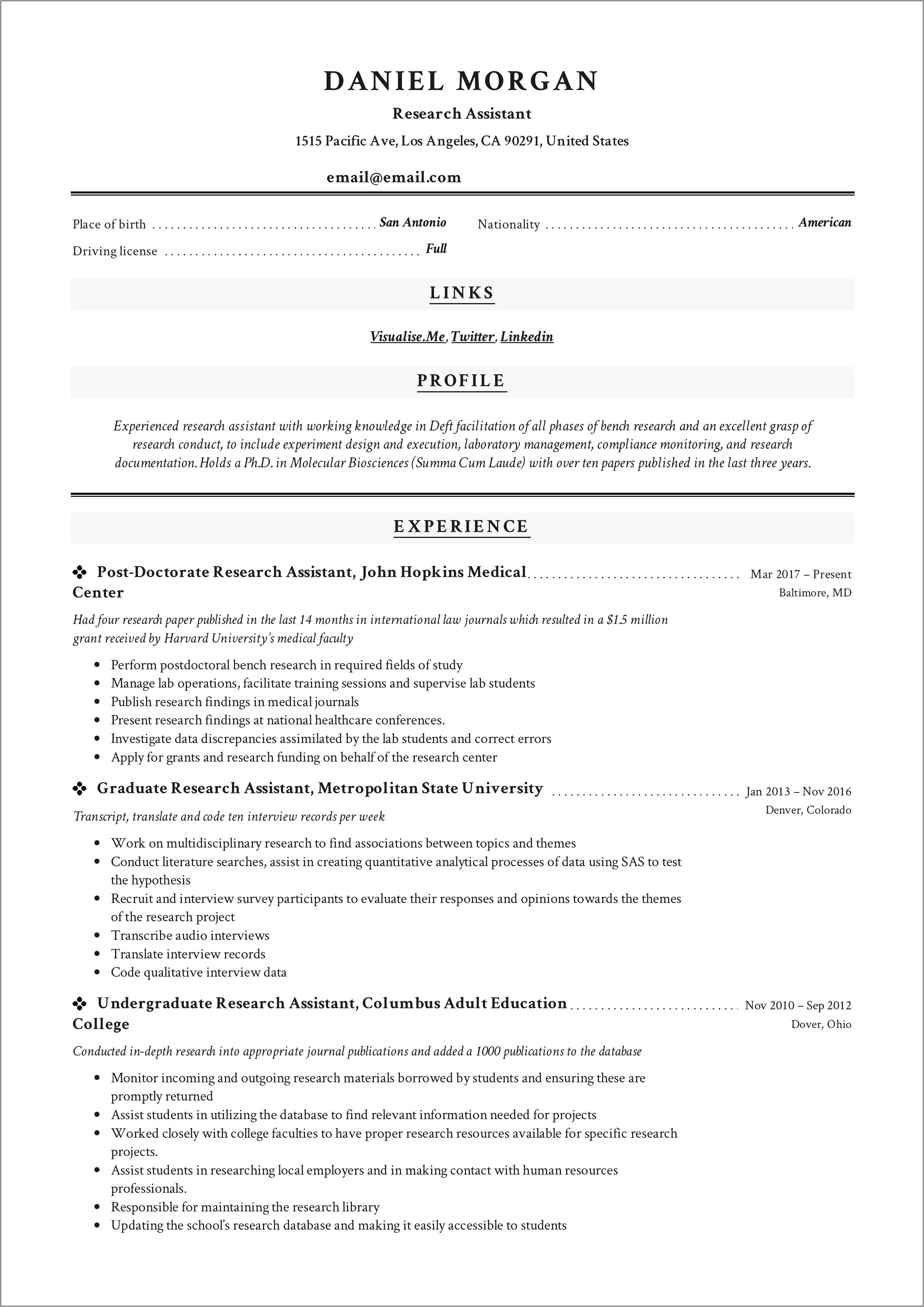 Resume With Research Experience Sample