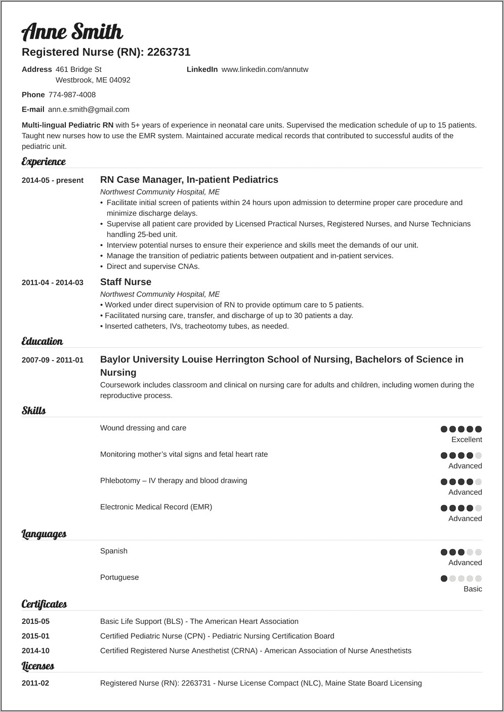 Resume With Skilled Nursing Experience