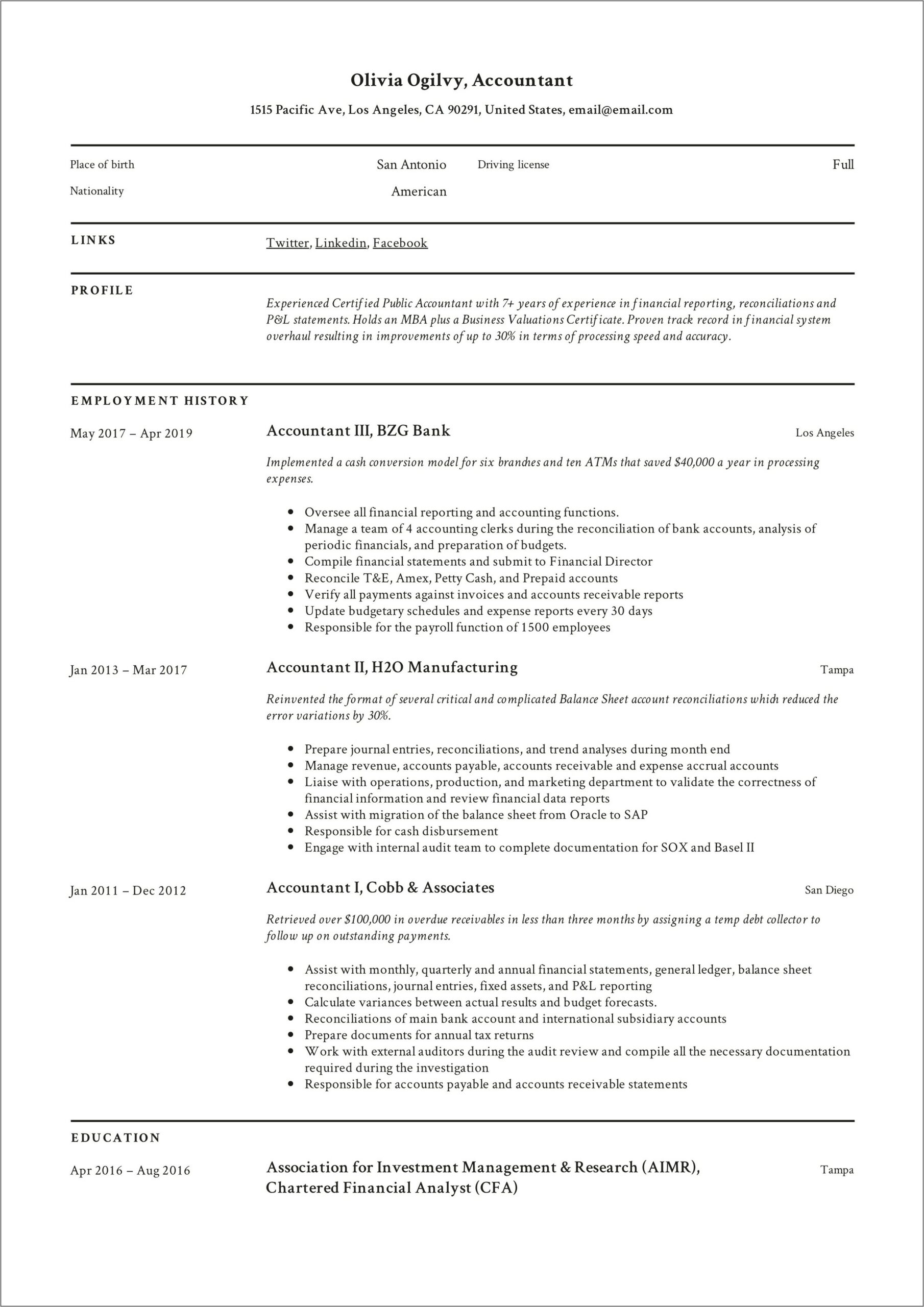 Resume Writing Samples For Accountant