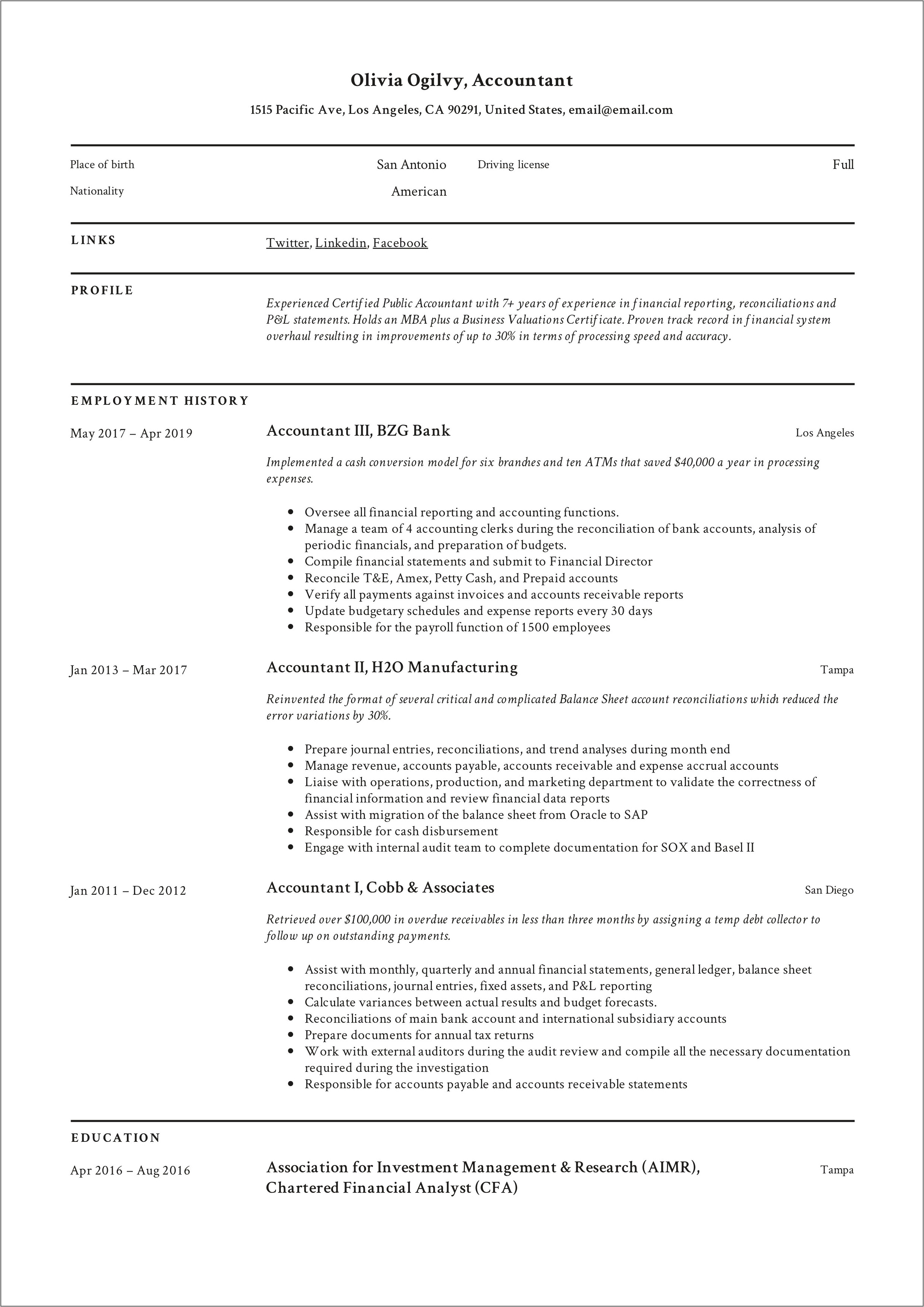 Resume Writing Samples For Accountant