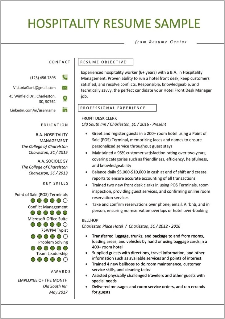 Resumes Examples For Hospitality Industry