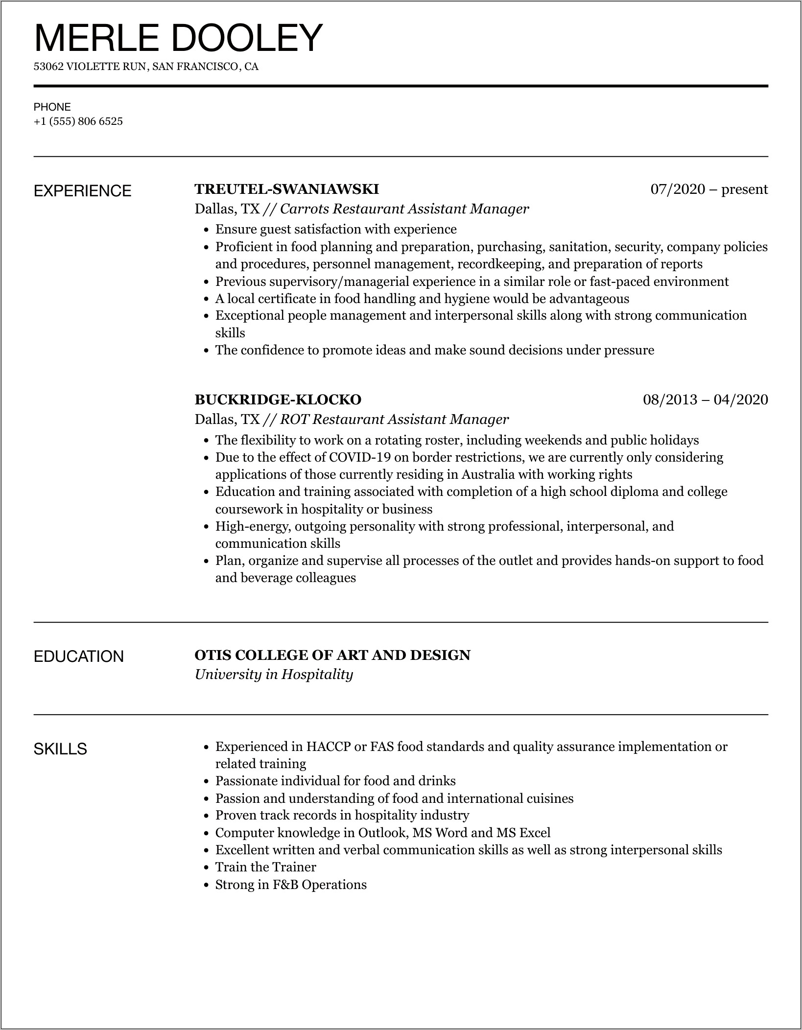 Resumes For Food Assistant Managers