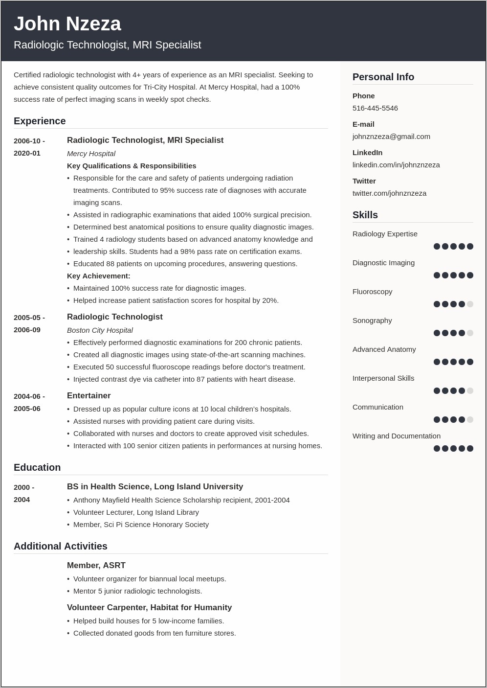 Resumes For Radiologic Technologists Examples