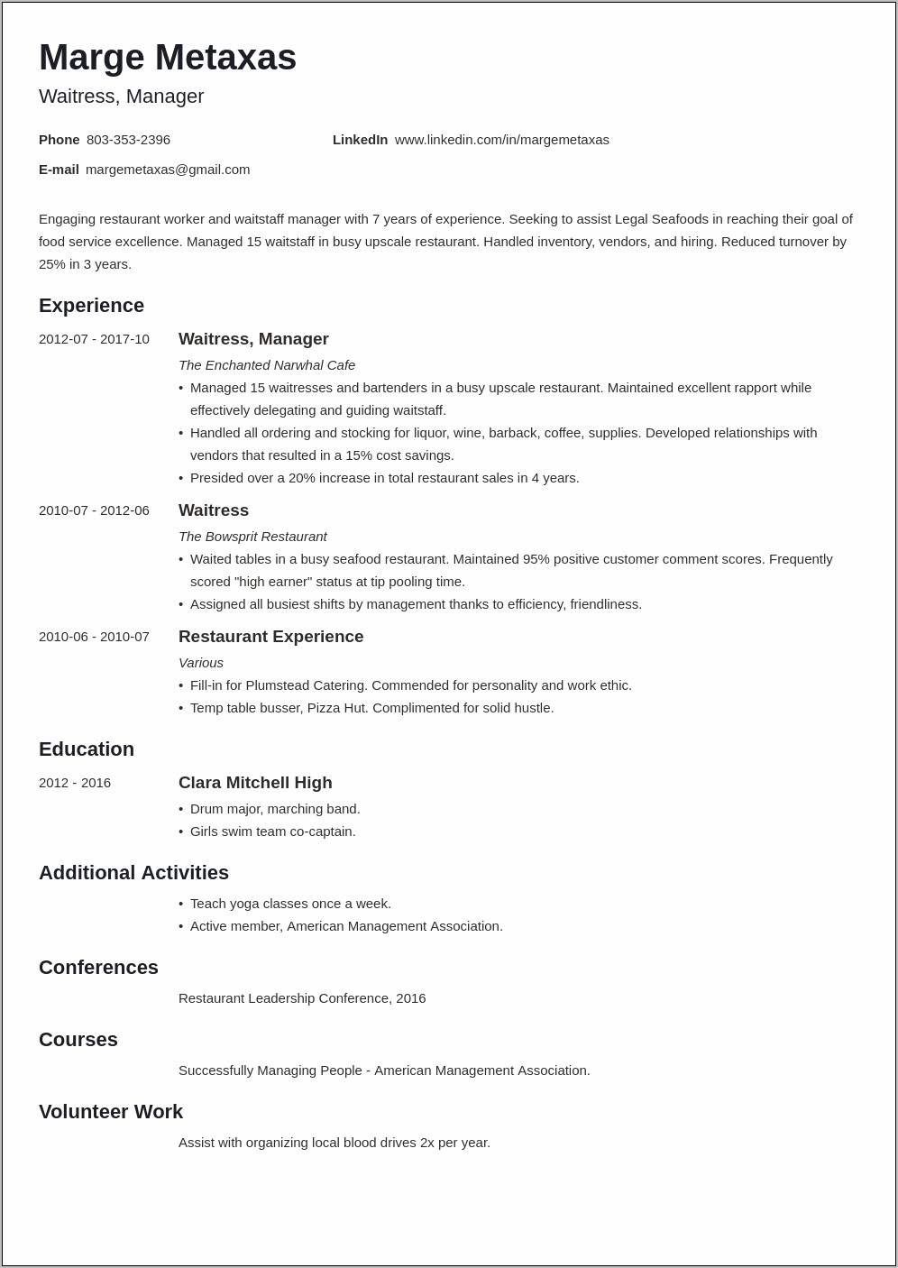 Resumes For Restaurants Examples 2017