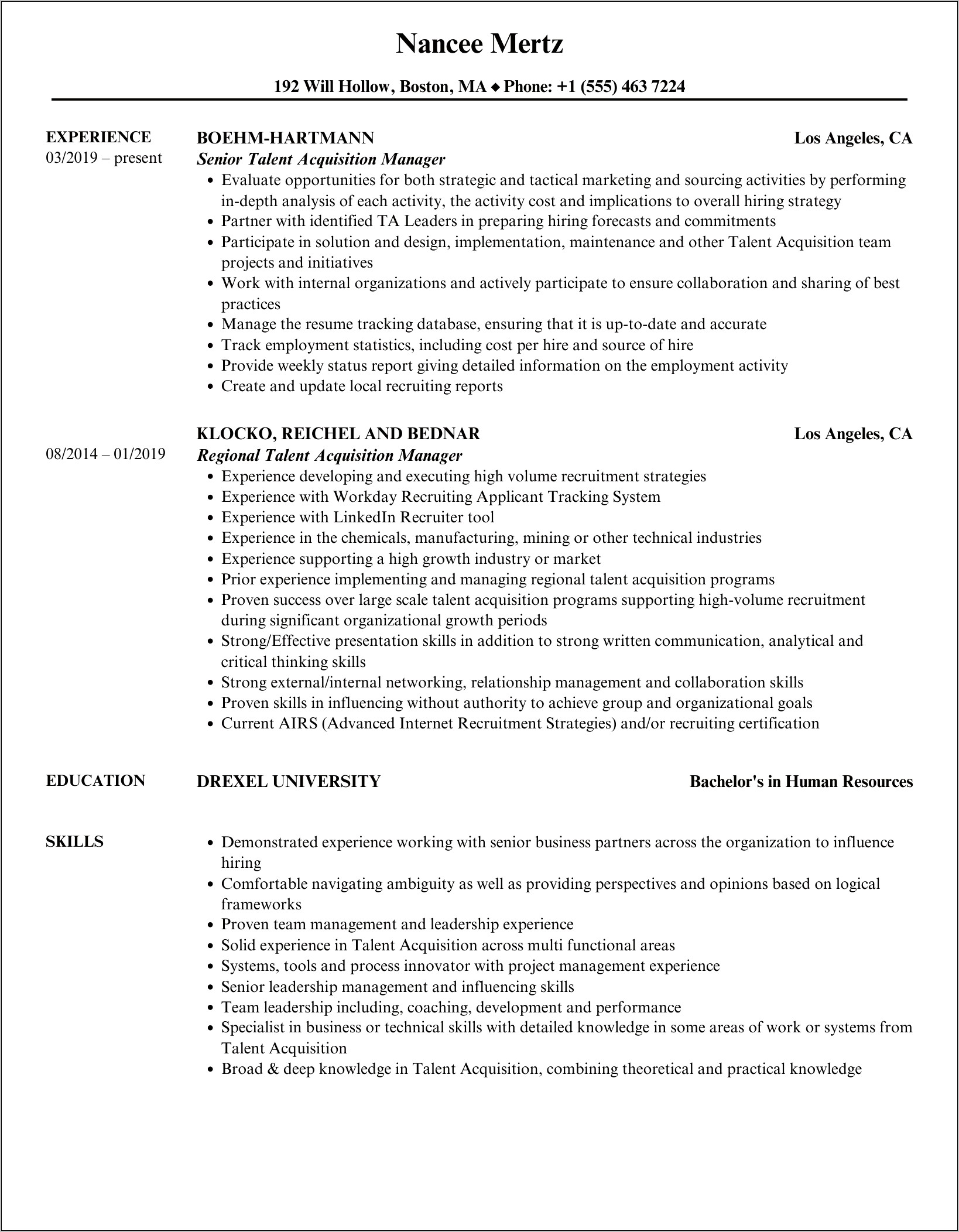 Resumes For Talent Acquisition Managers