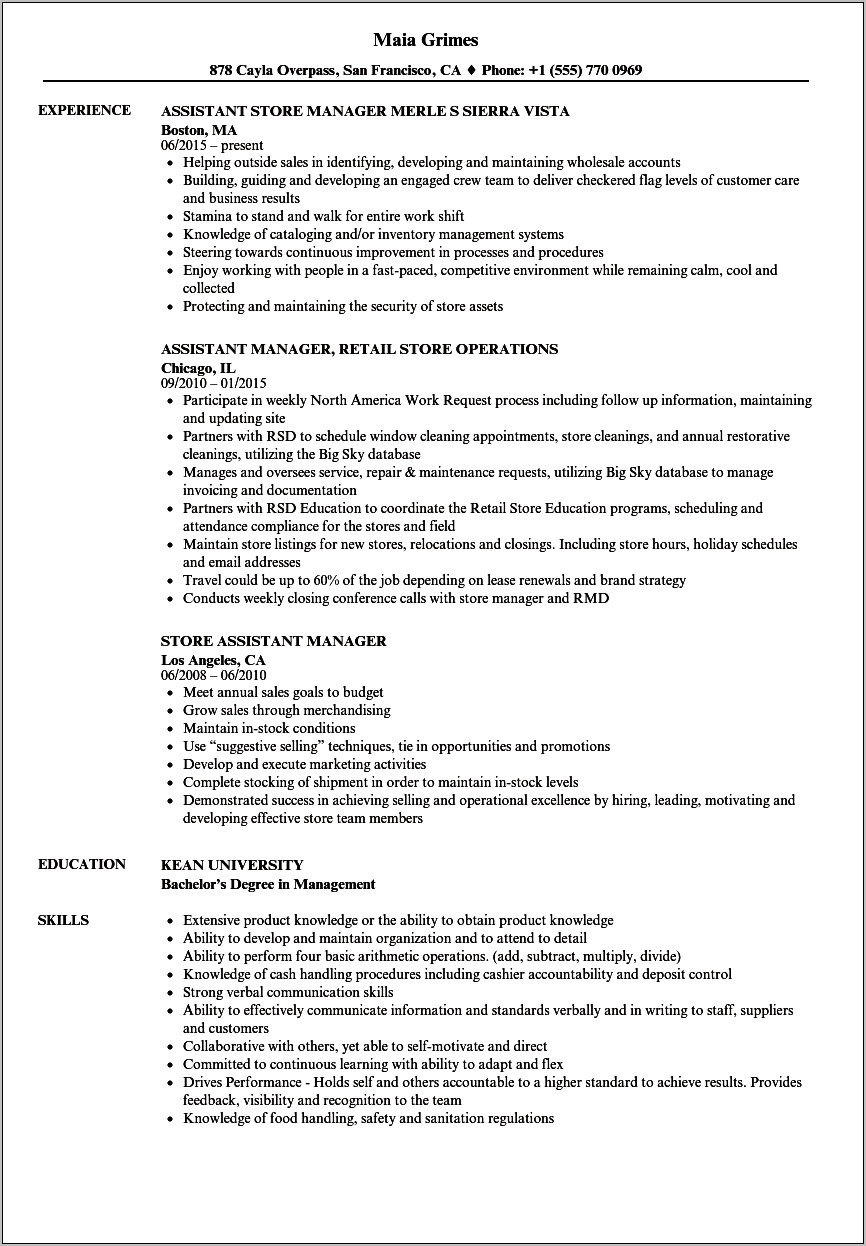 Retail Assistant General Manager Resume