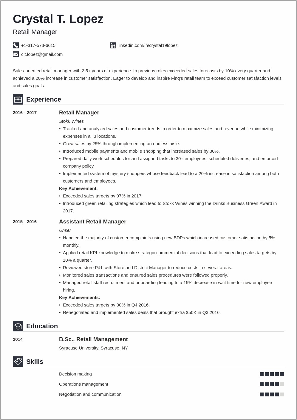 Retail Assistant Manager Resume Example