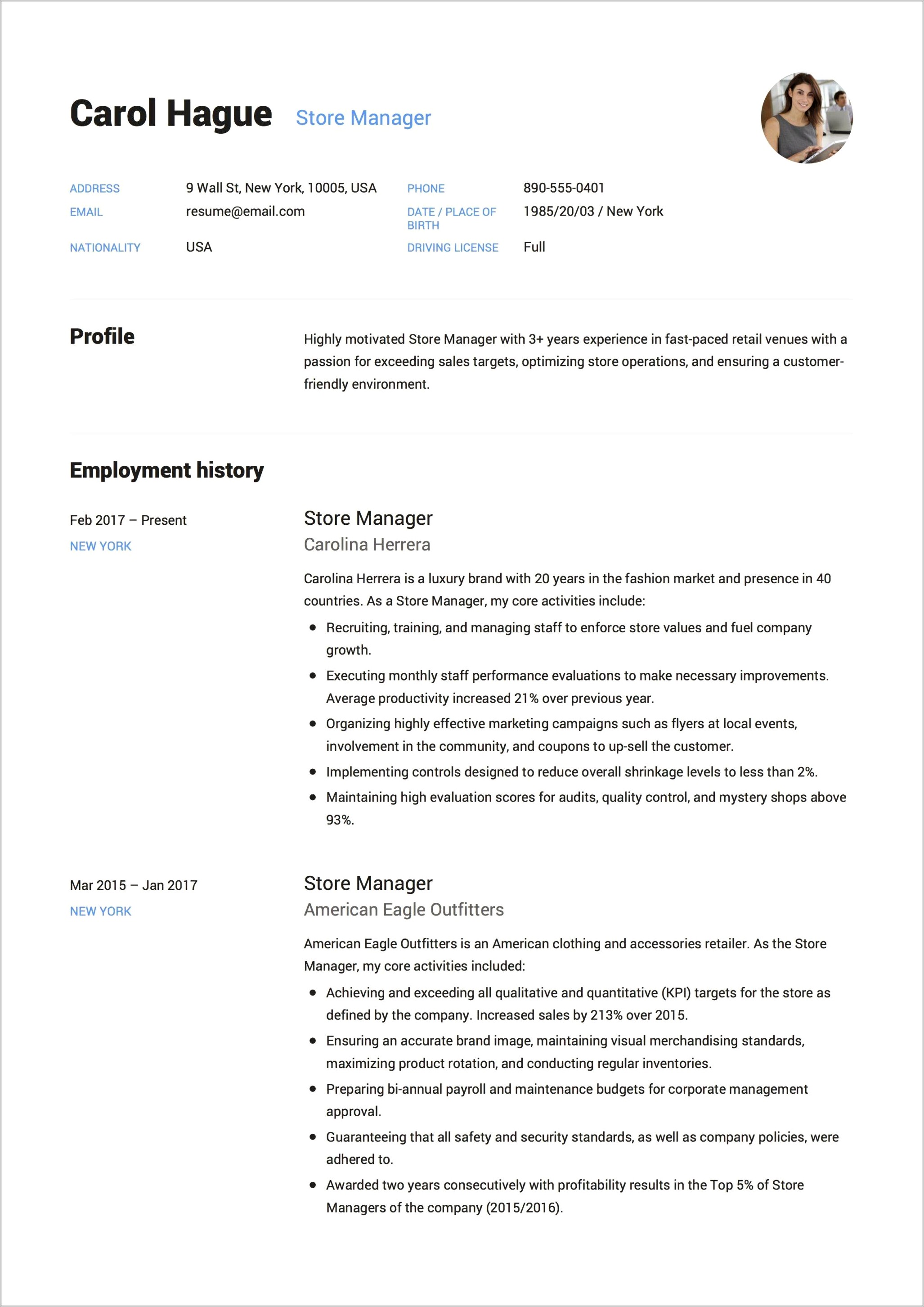 Retail District Manager Experience Resume