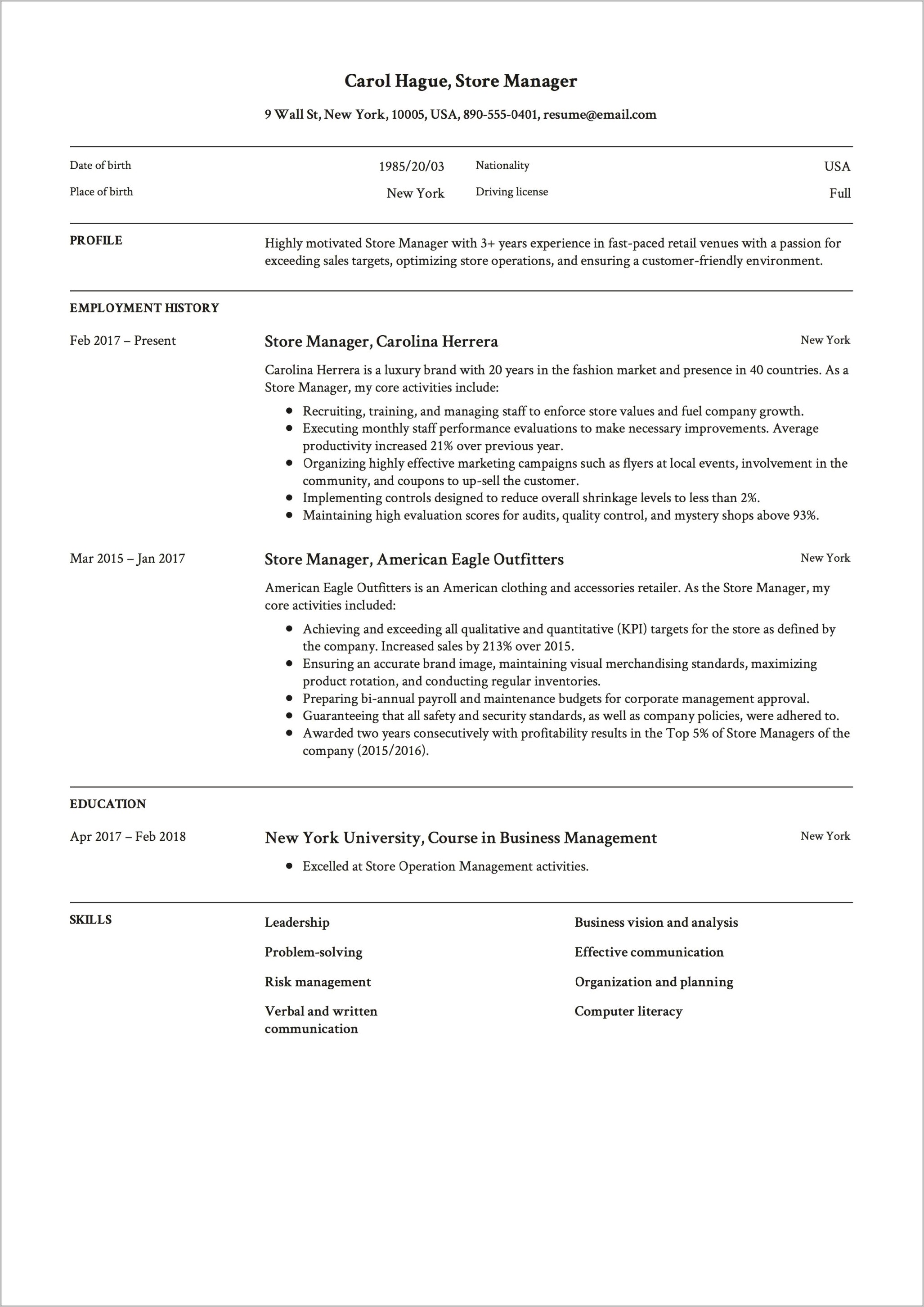Retail From Store Resume Examples