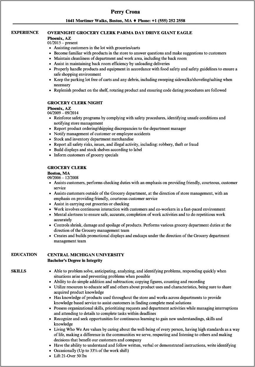 Retail Management Resume Example Grocery