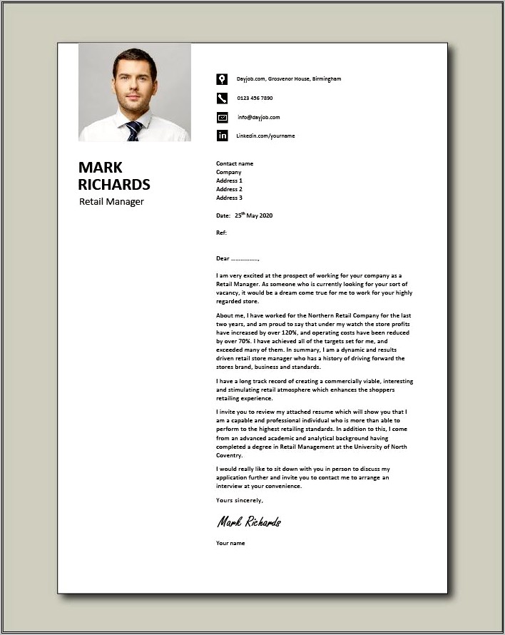 Retail Manager Resume Cover Letter