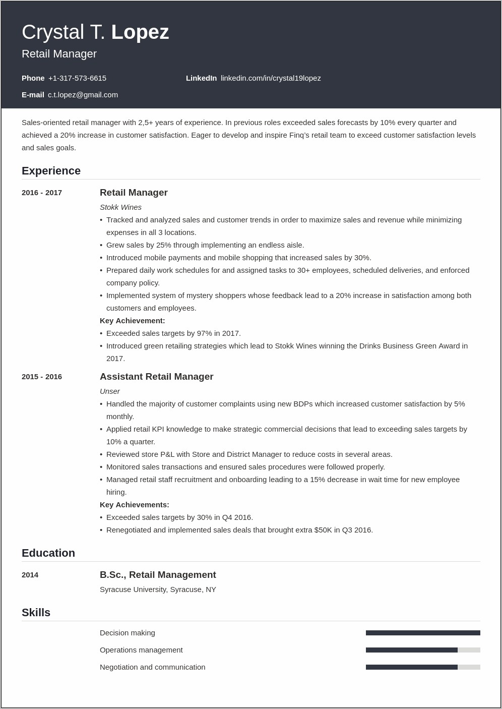 Retail Operations Manager Resume Summary