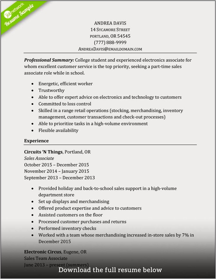 Retail Sales Assiocate Resume Example