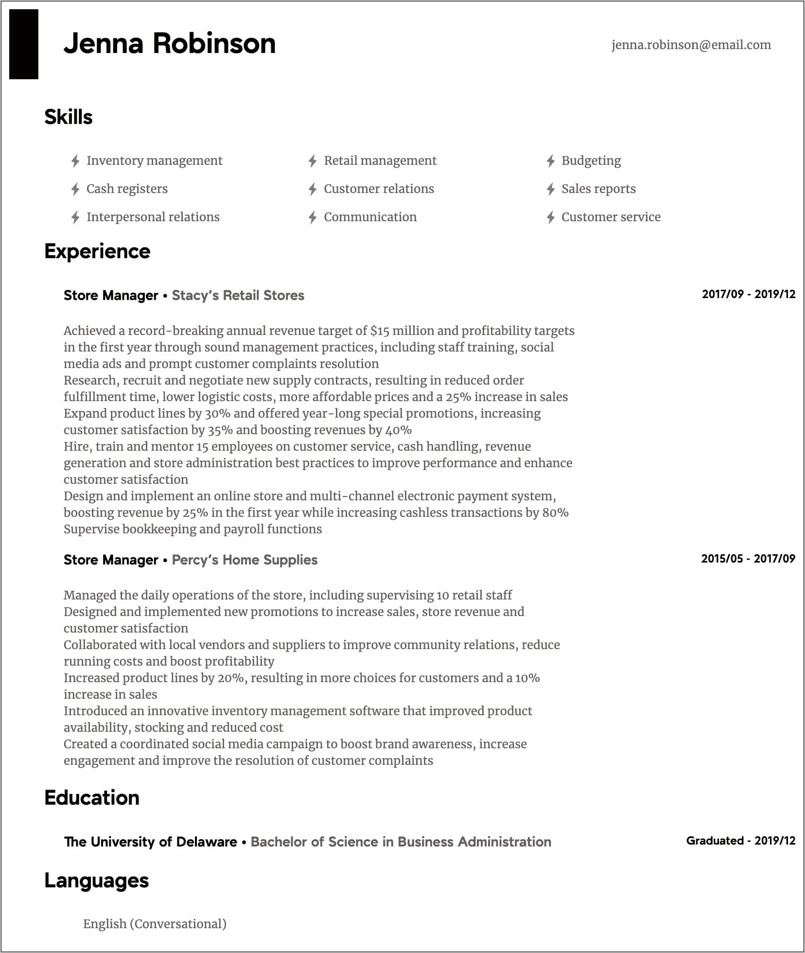 Retail Sales Department Manager Resume