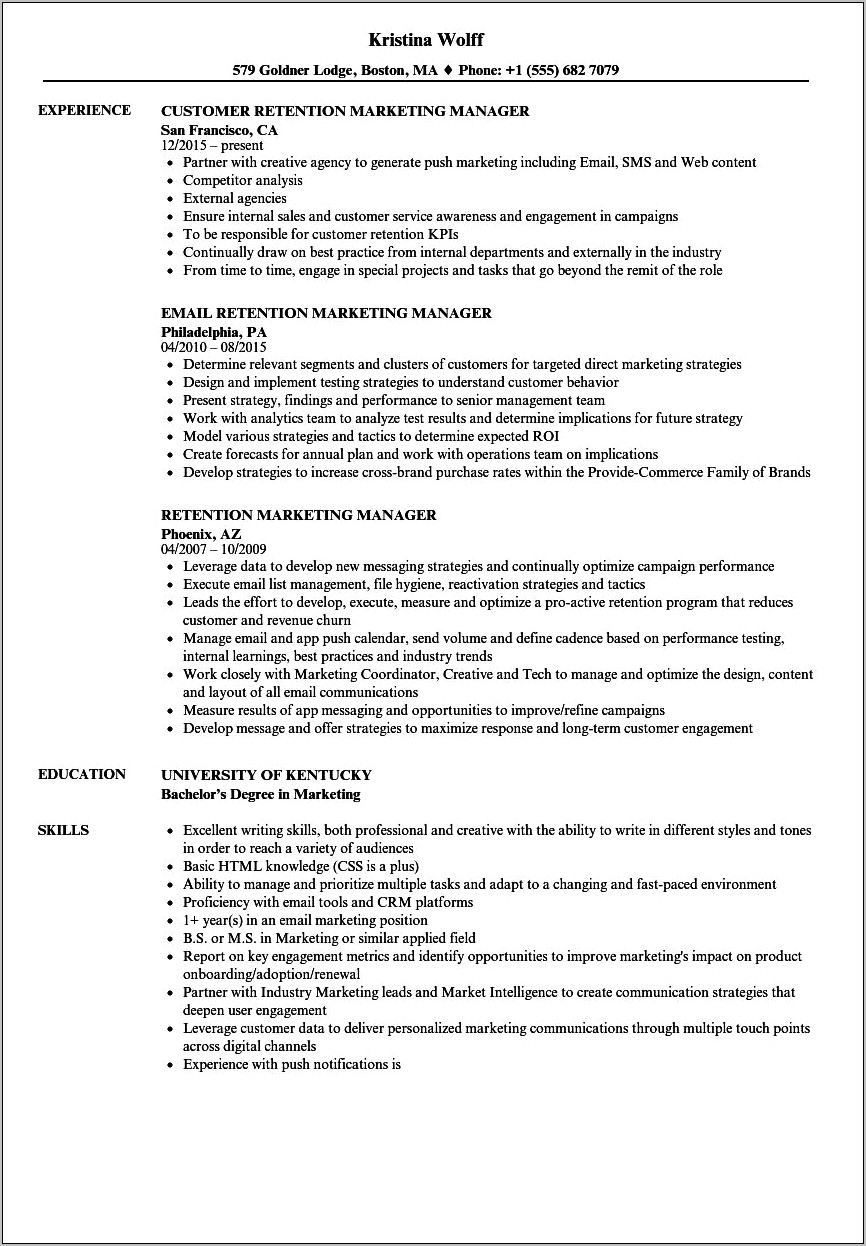 Retention Sales Manager Resume Examples