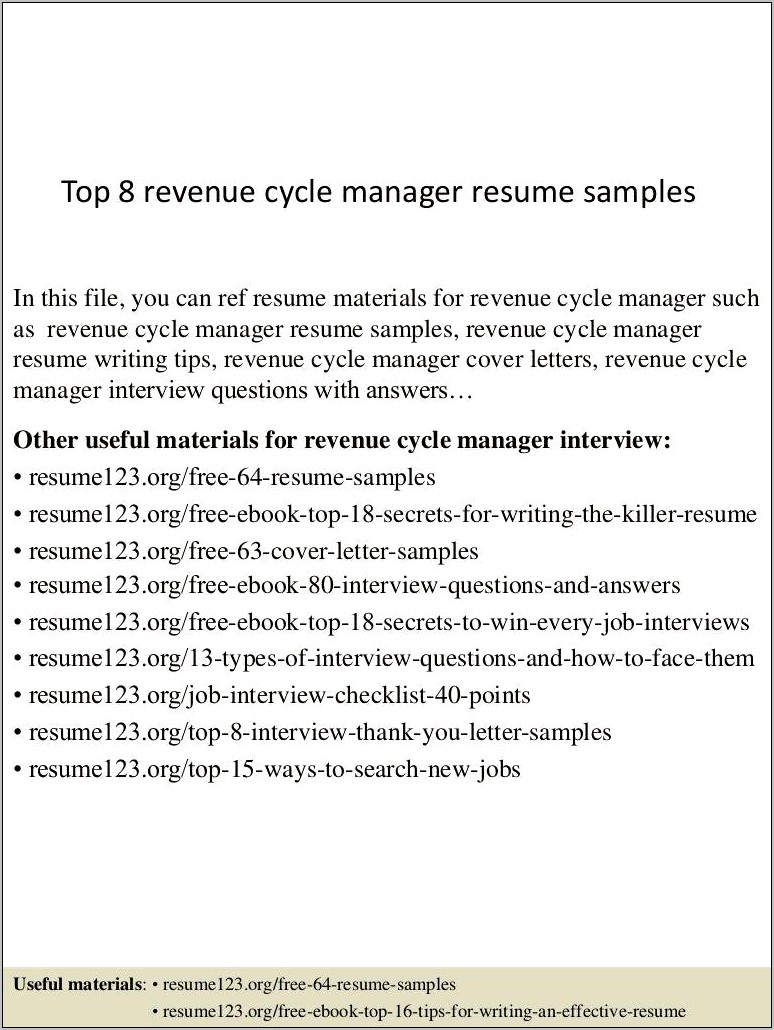 Revenue Cycle Manager Resume Summary