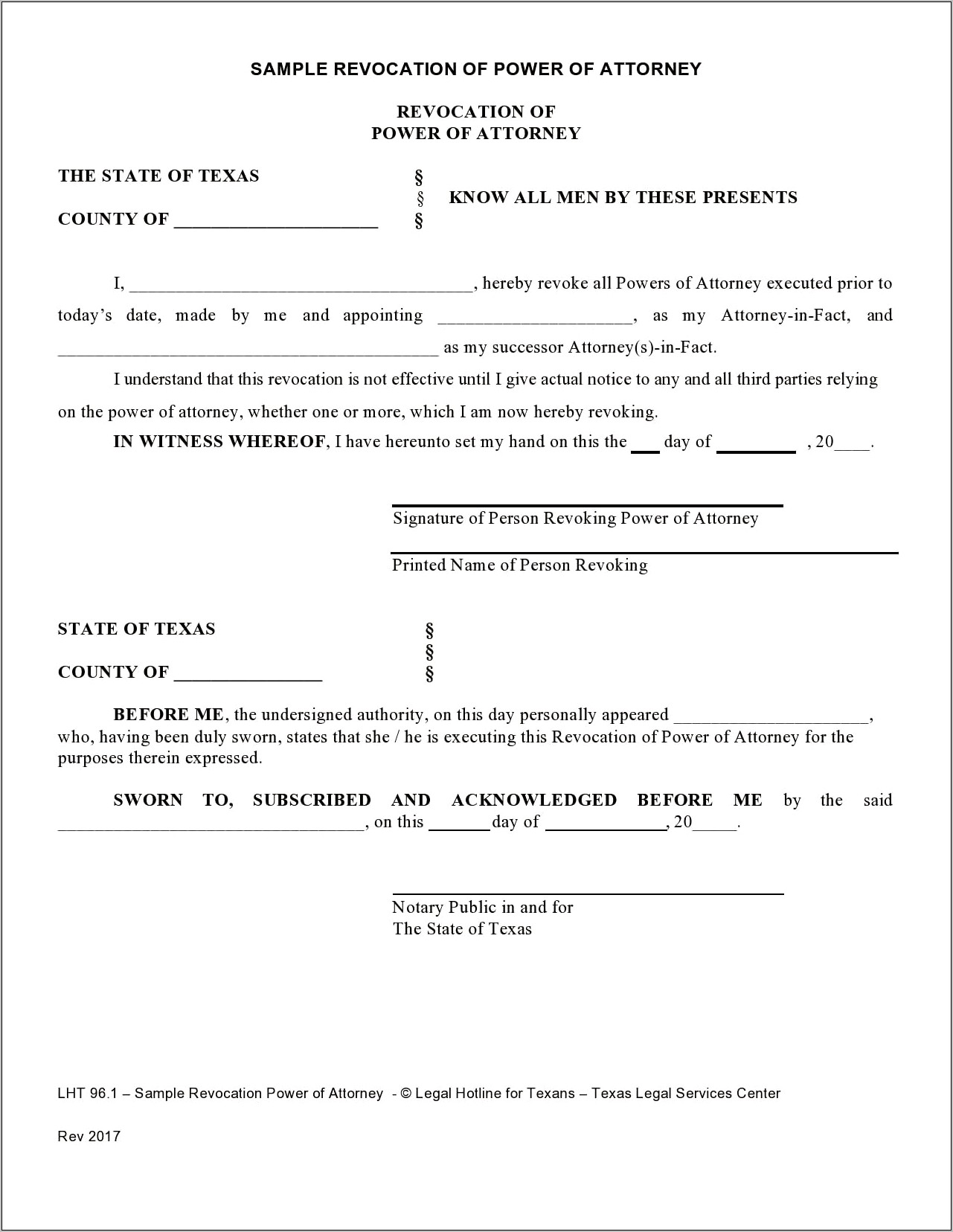 Revocation For Power Of Attorney Free Template