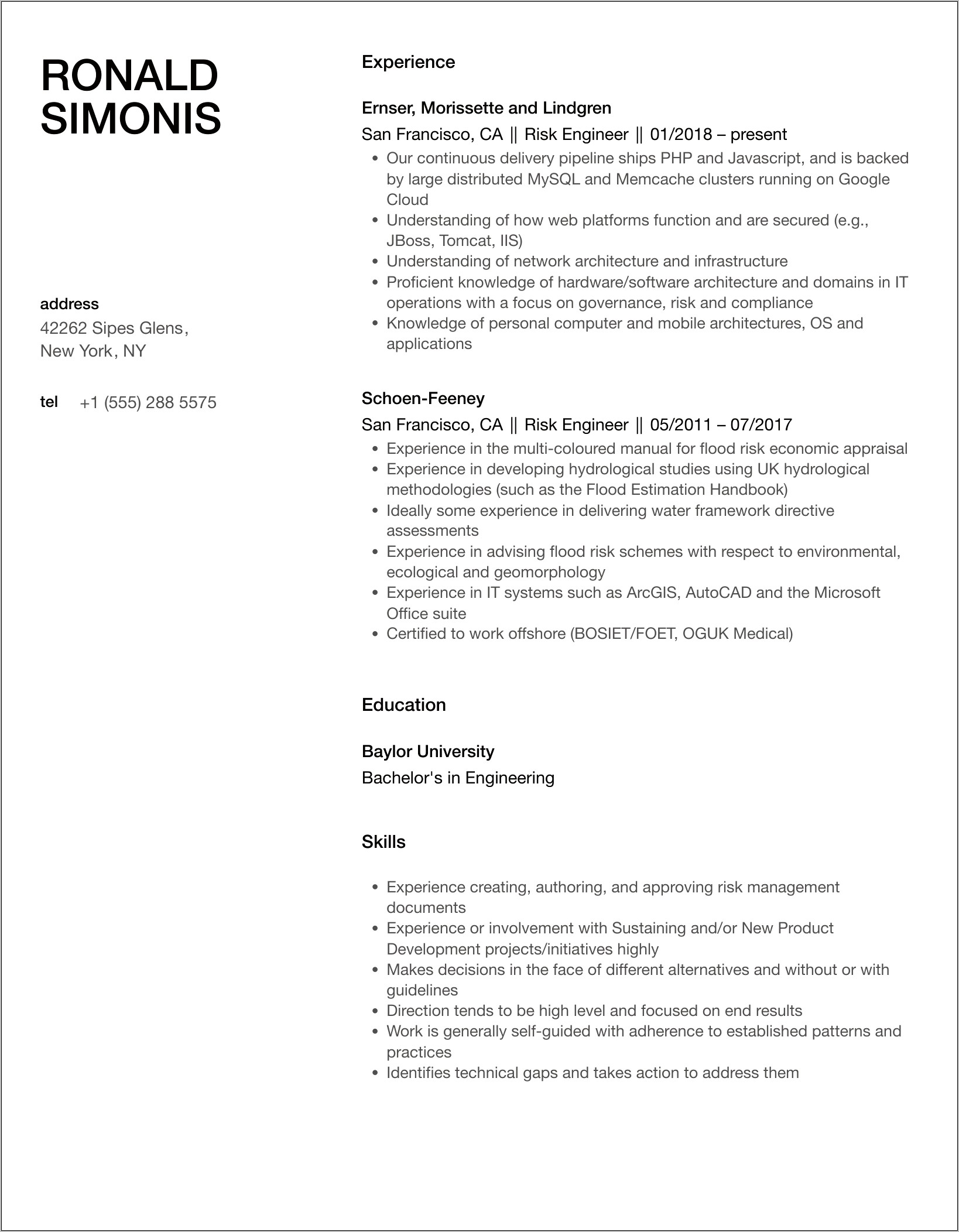 Risk Management Quality Engineer Resume