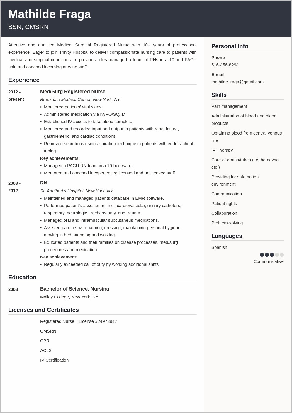 Rn Med Surg Resume Example