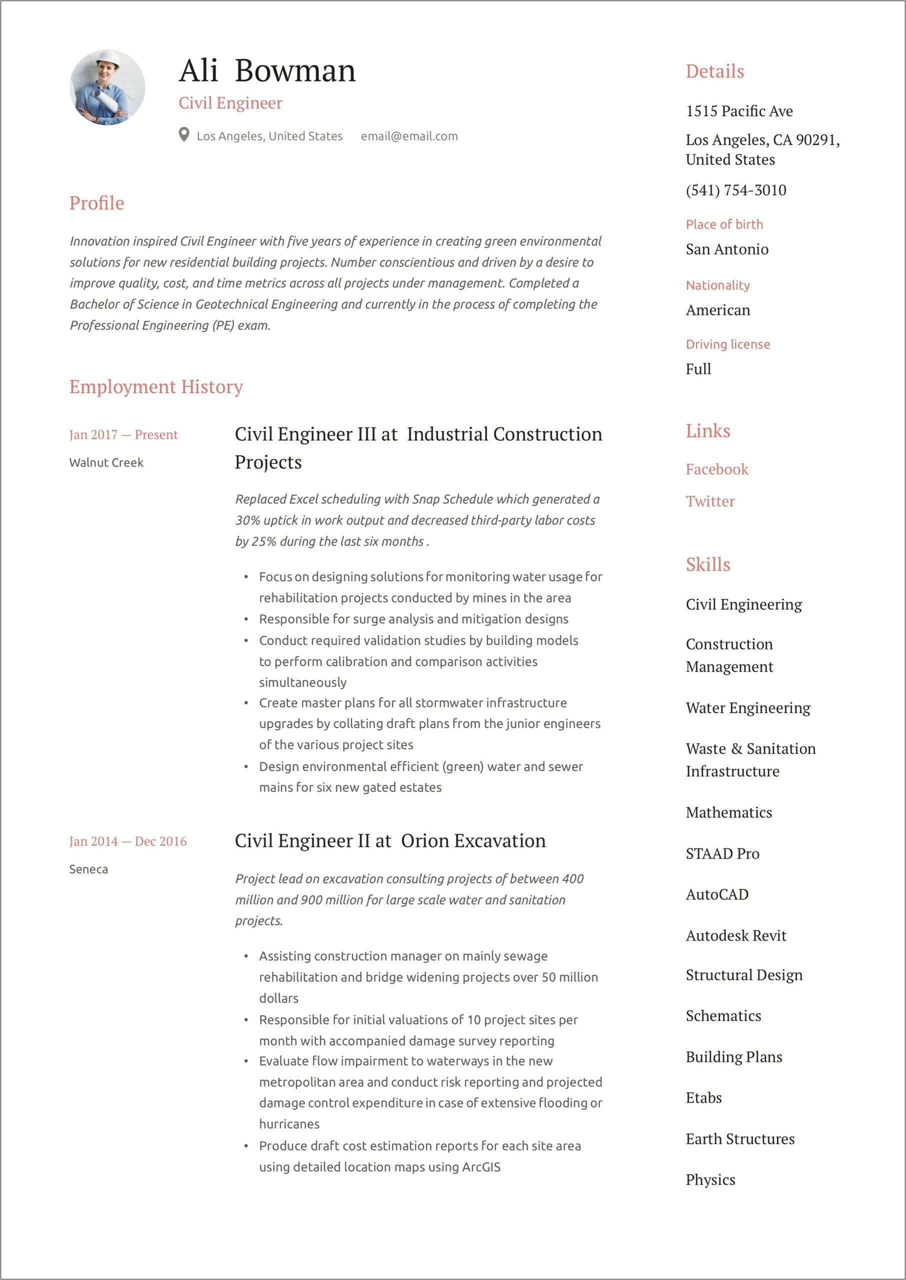 Road Construction Engineer Resume Sample