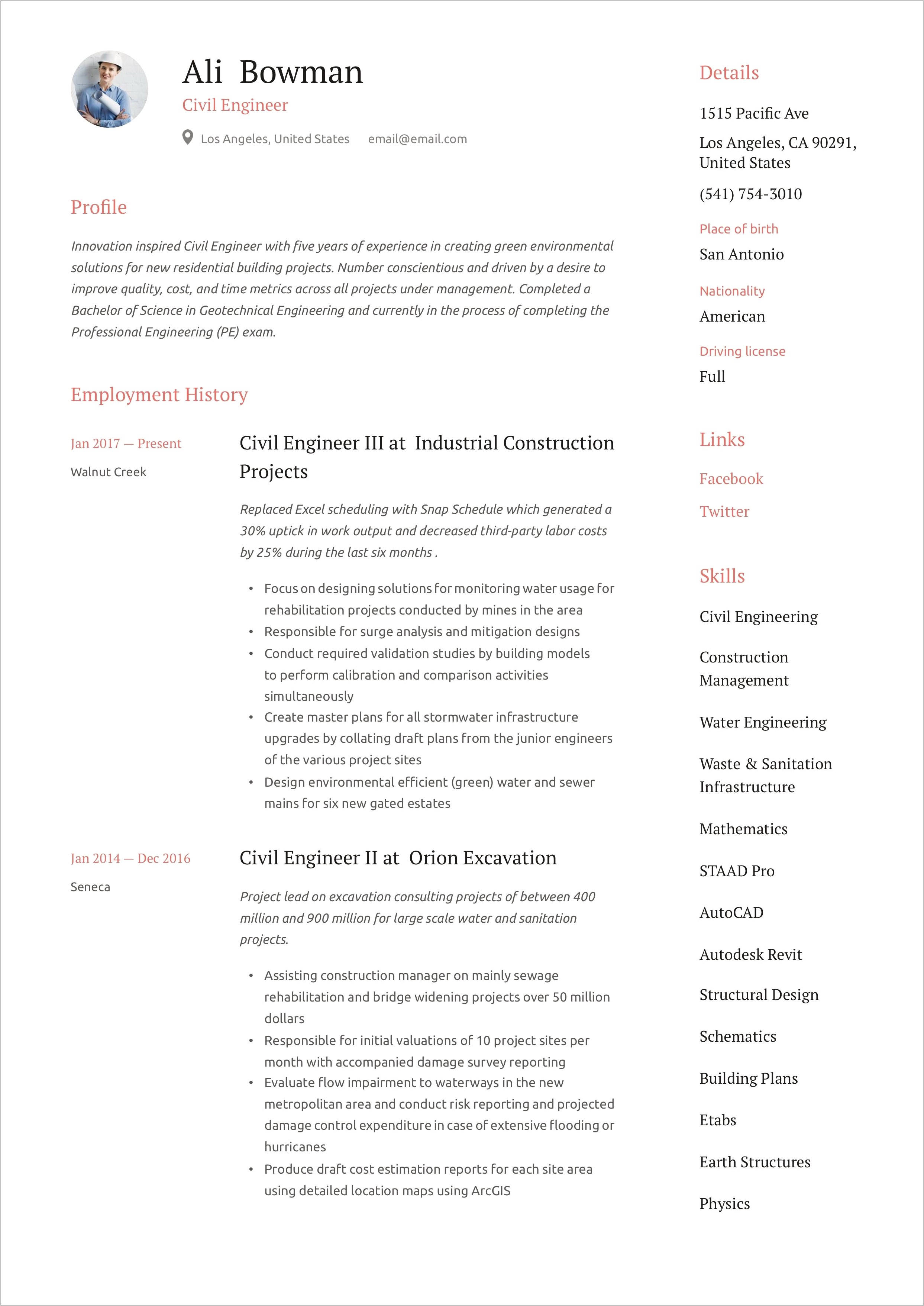 Road Construction Engineer Resume Sample