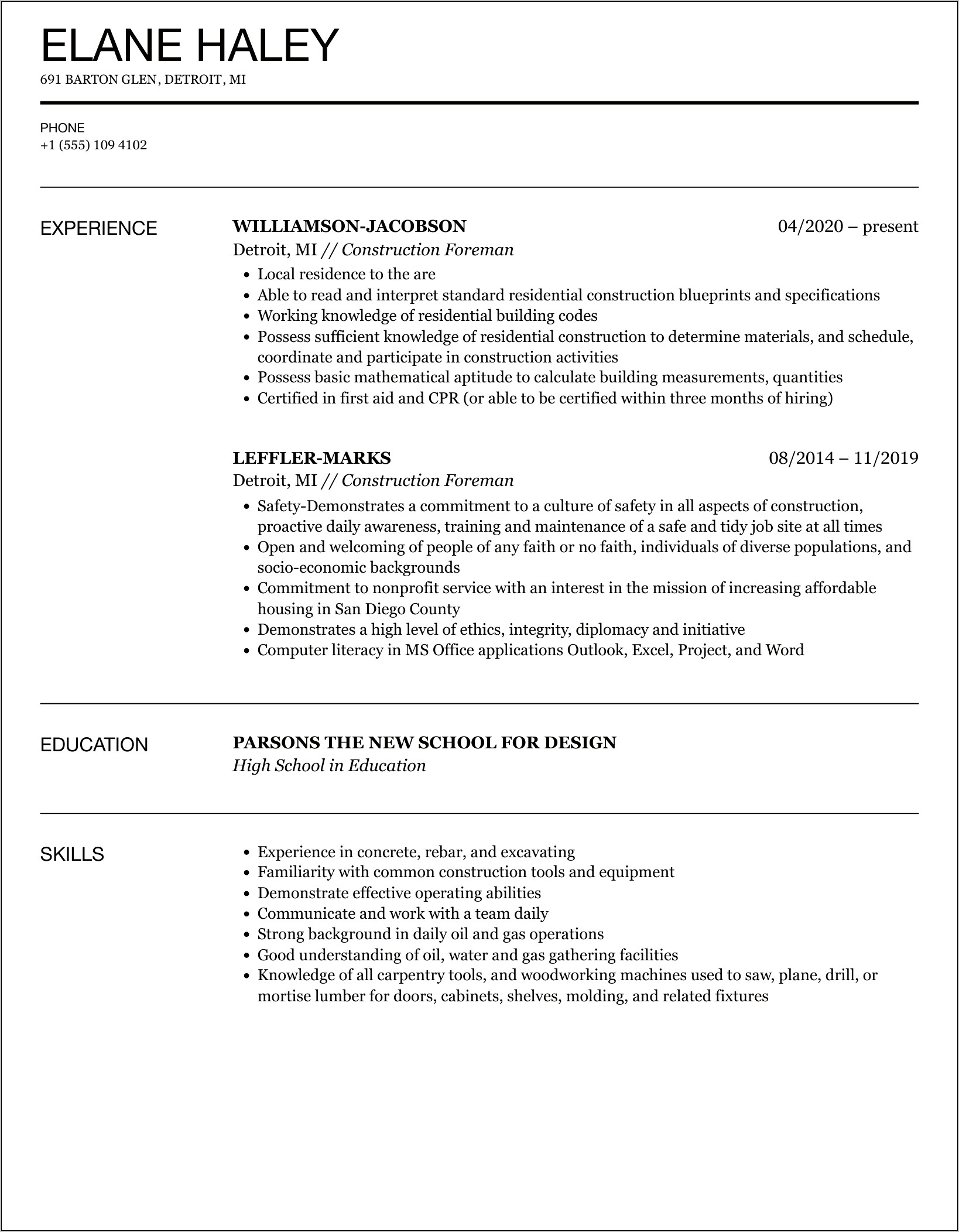 Road Construction Foreman Resume Sample