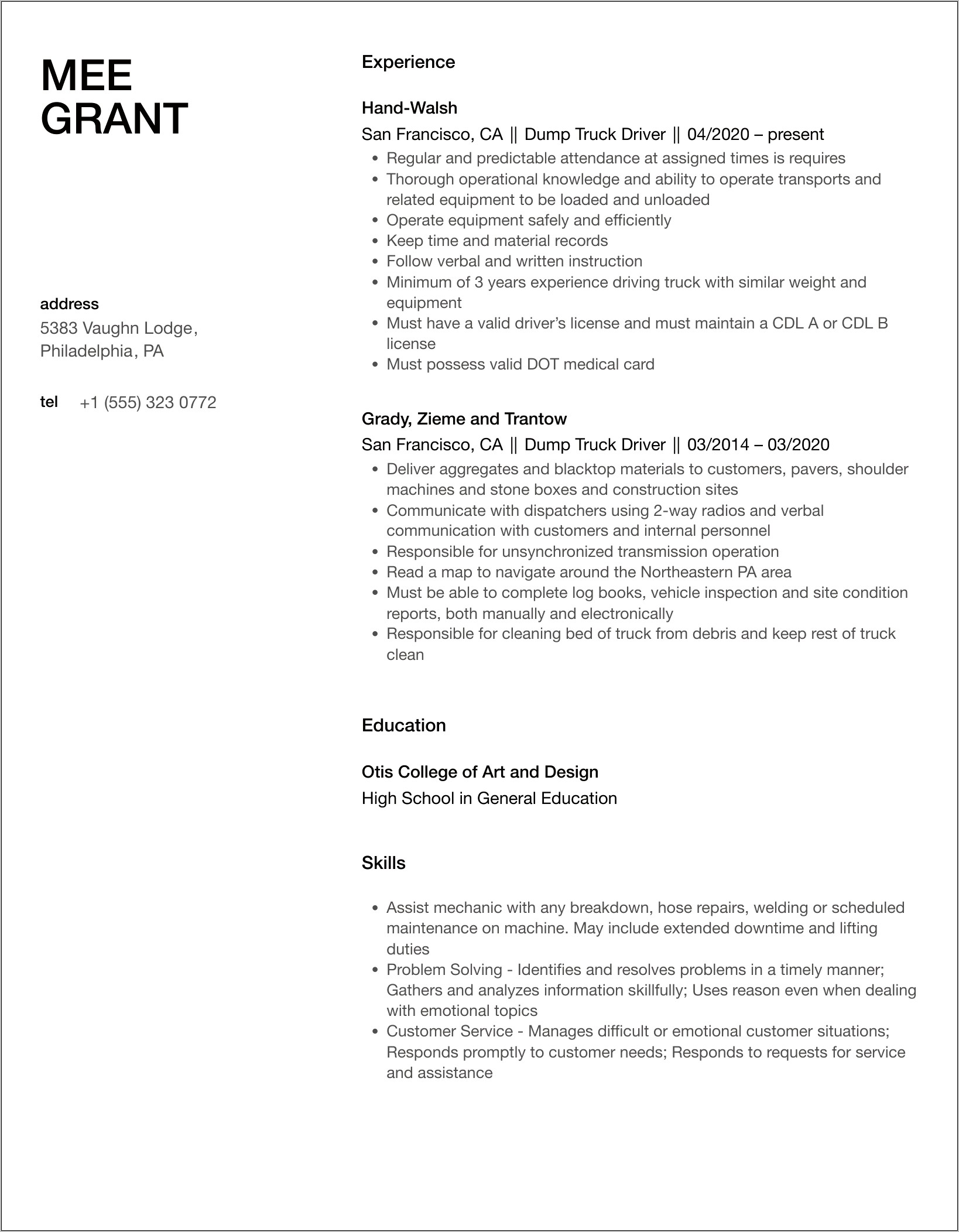 Rock Truck Driver Resume Sample