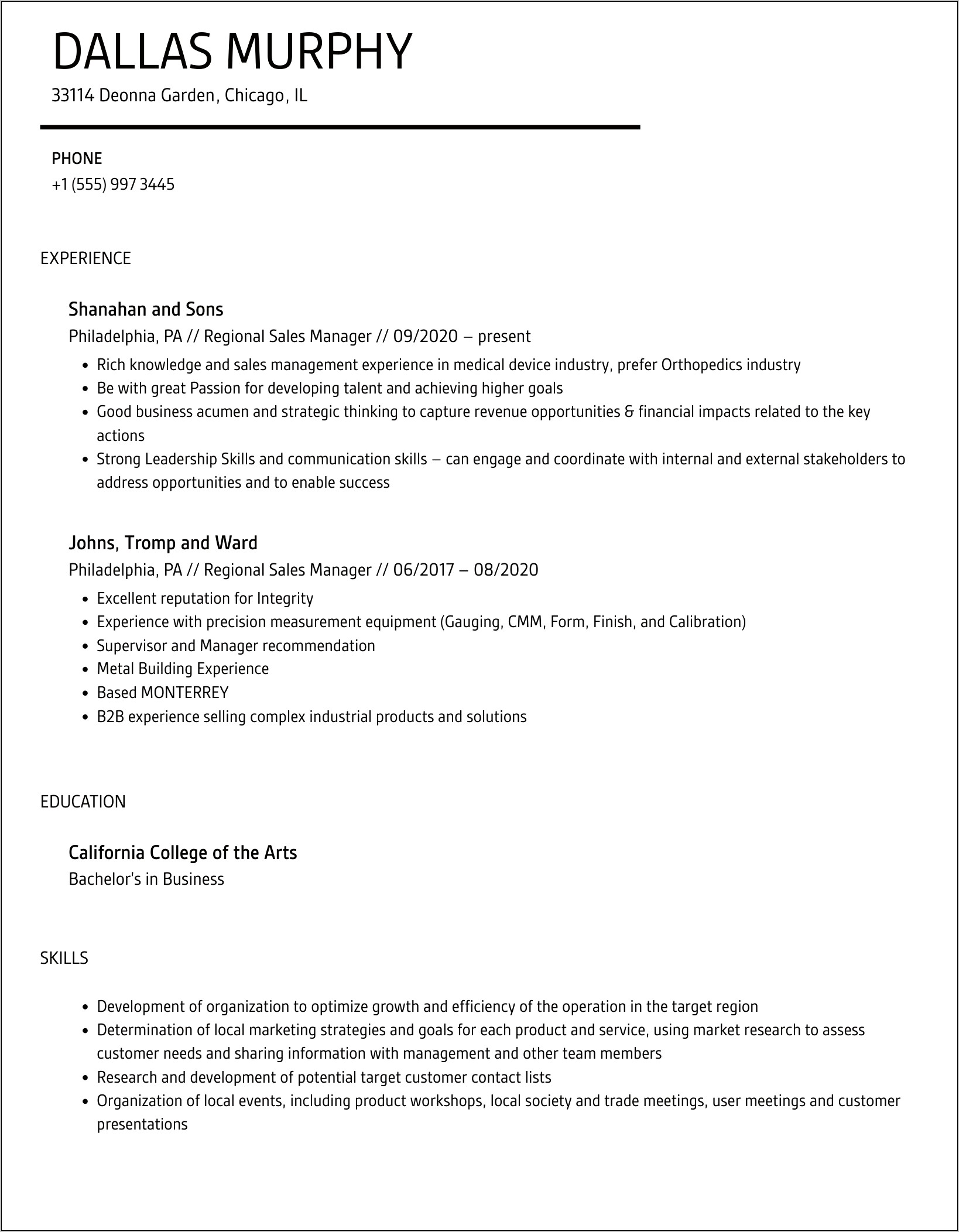 Roofing Regional Sales Manager Resume