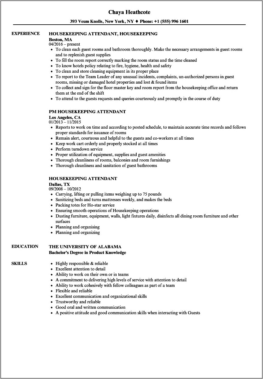 Room Attendant Skills Resume Sample