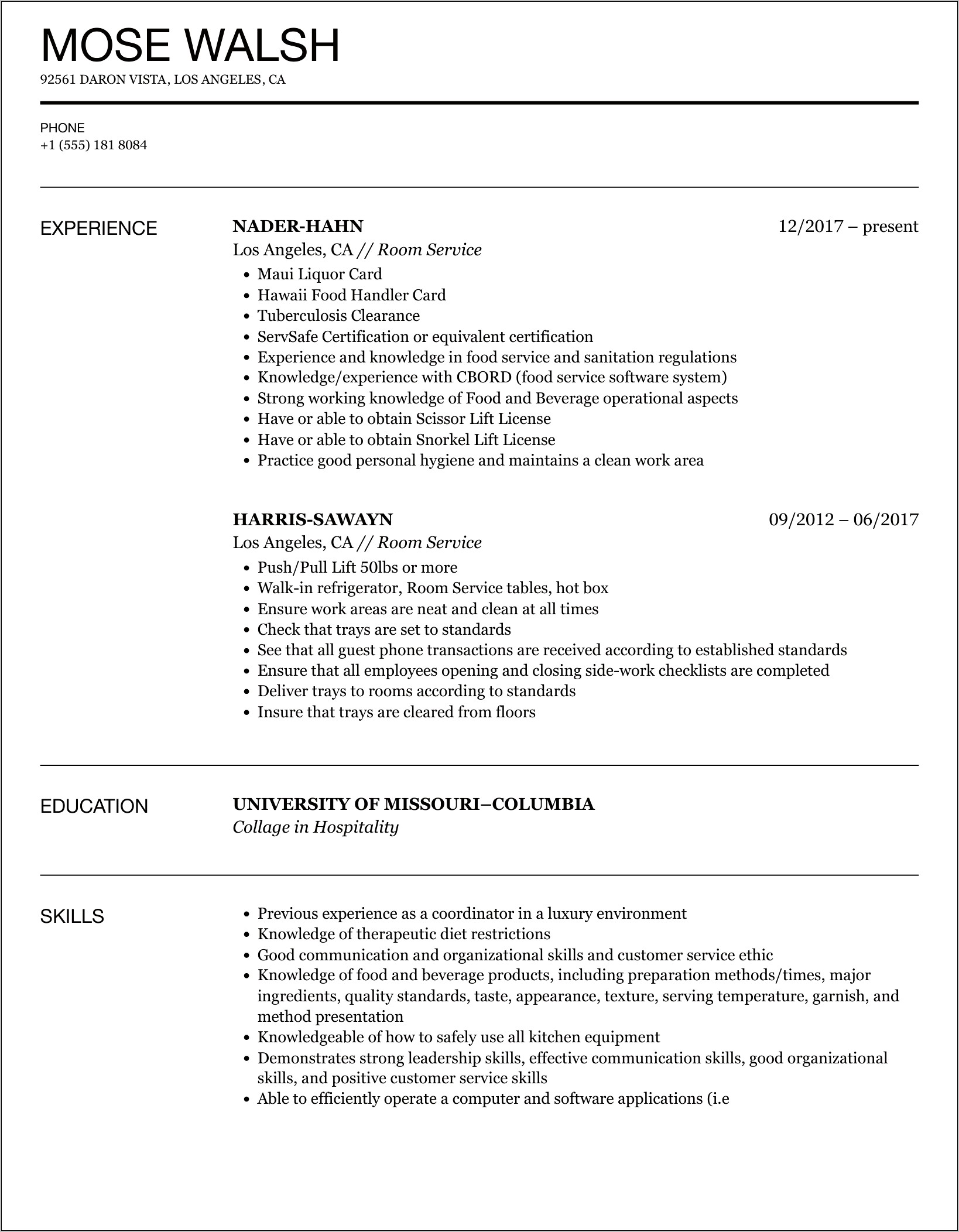 Room Service Server Resume Example