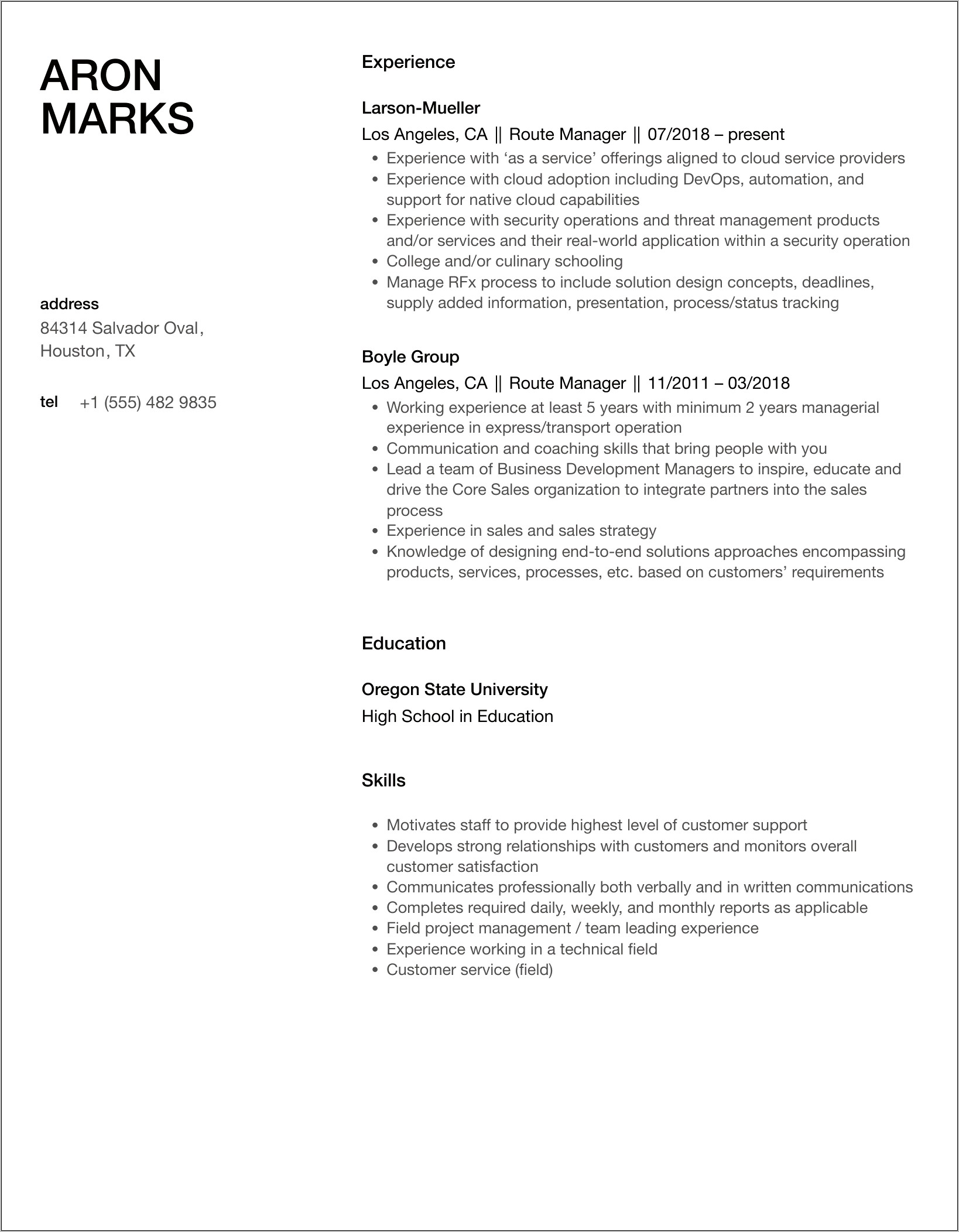 Route Manager Waste Management Resume