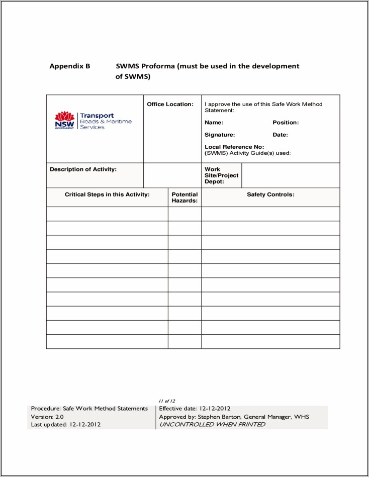 Safe Work Method Statement Nsw Template Free