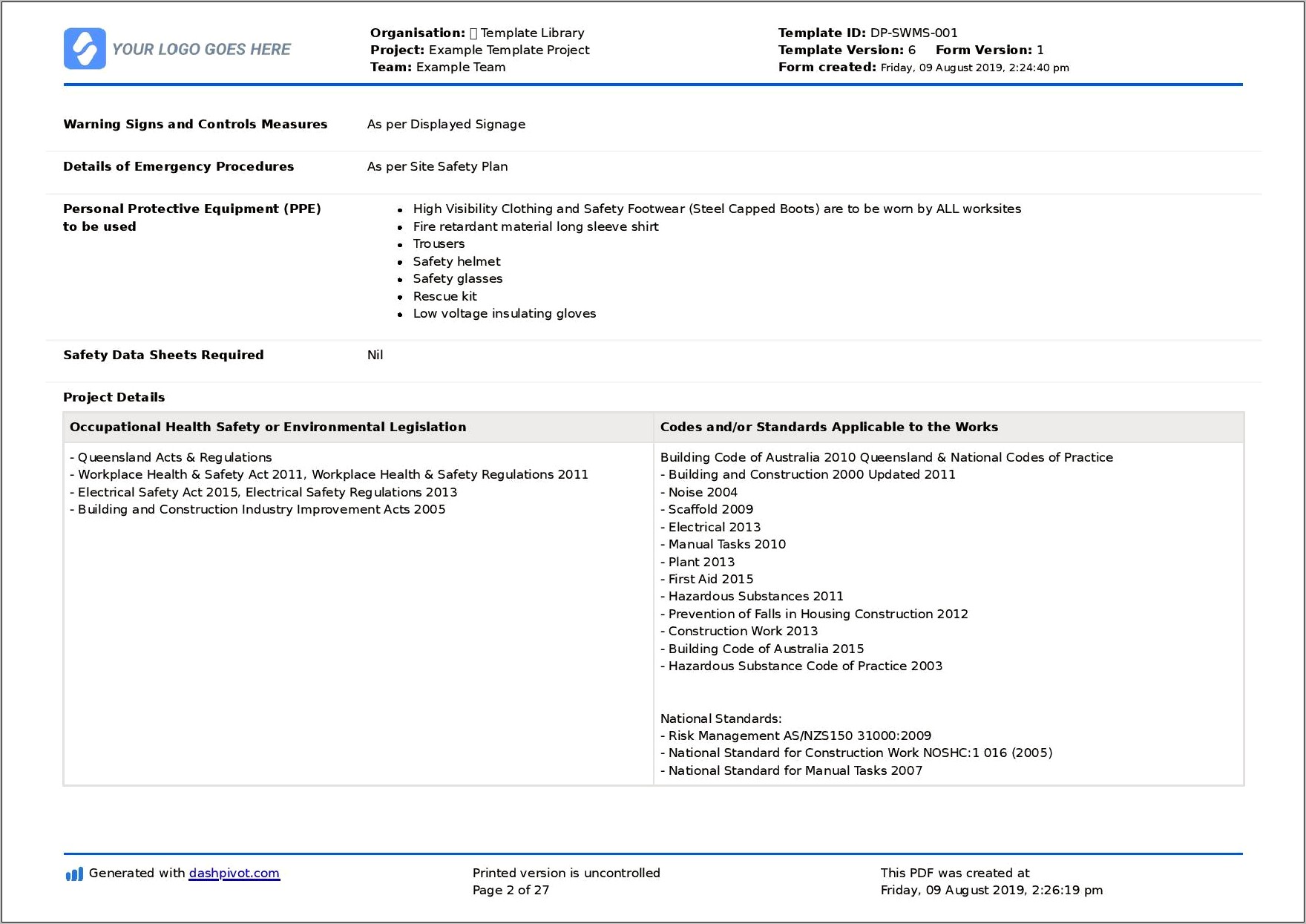 Safe Work Method Statement Template Qld Free