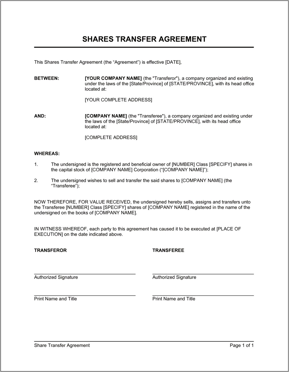 Sale Of Shares Agreement Template Free South Africa