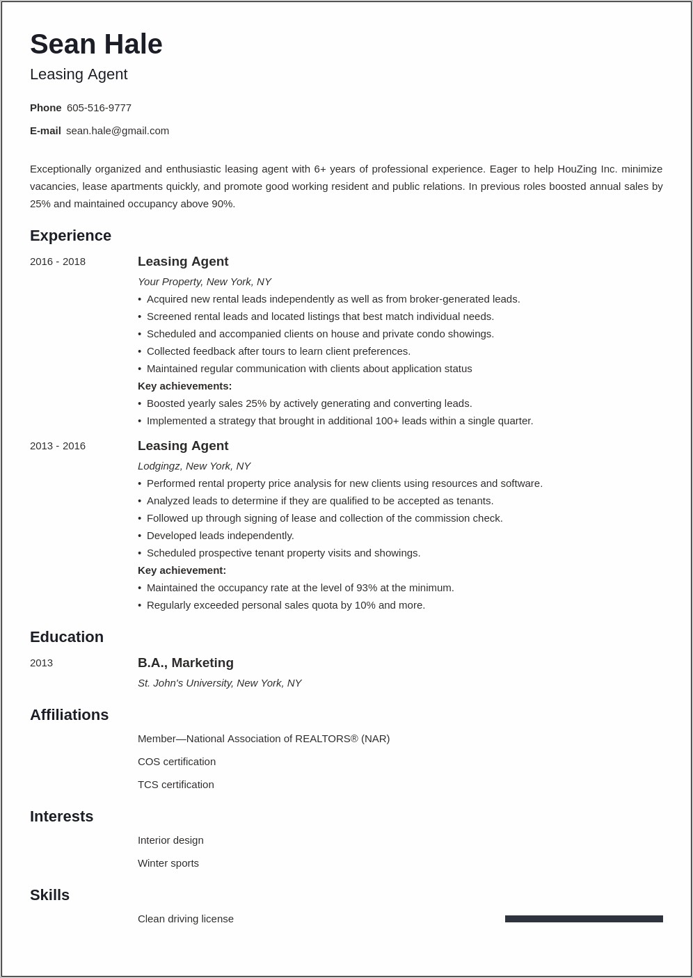 Sales And Leasing Resume Examples