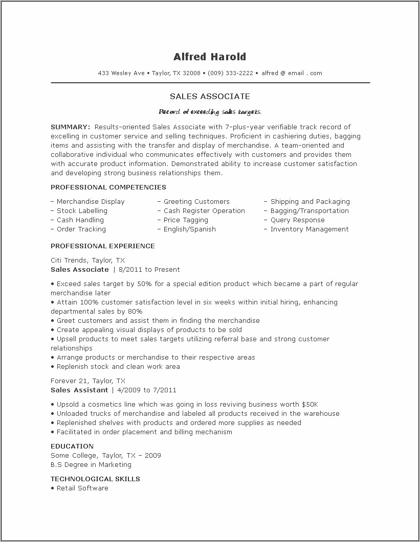 Sales Associate Job Experience Resume