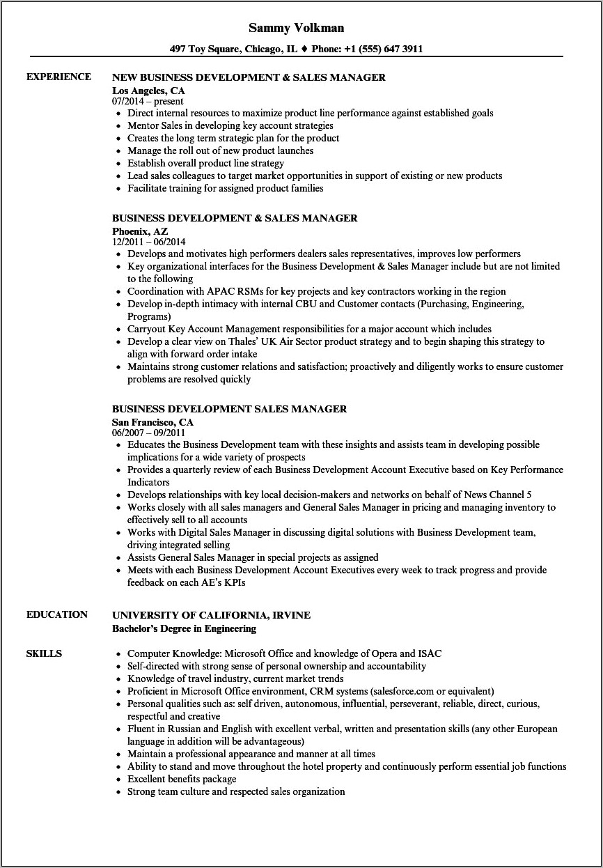 Sales Business Development Manager Resume