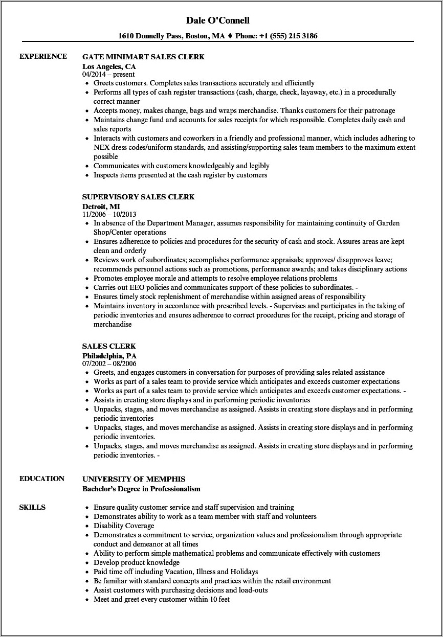 Sales Clerk Job Skills Resume