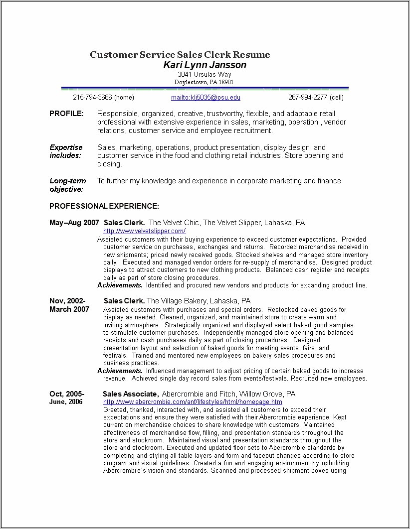 Sales Clerk Resume Objective Sample