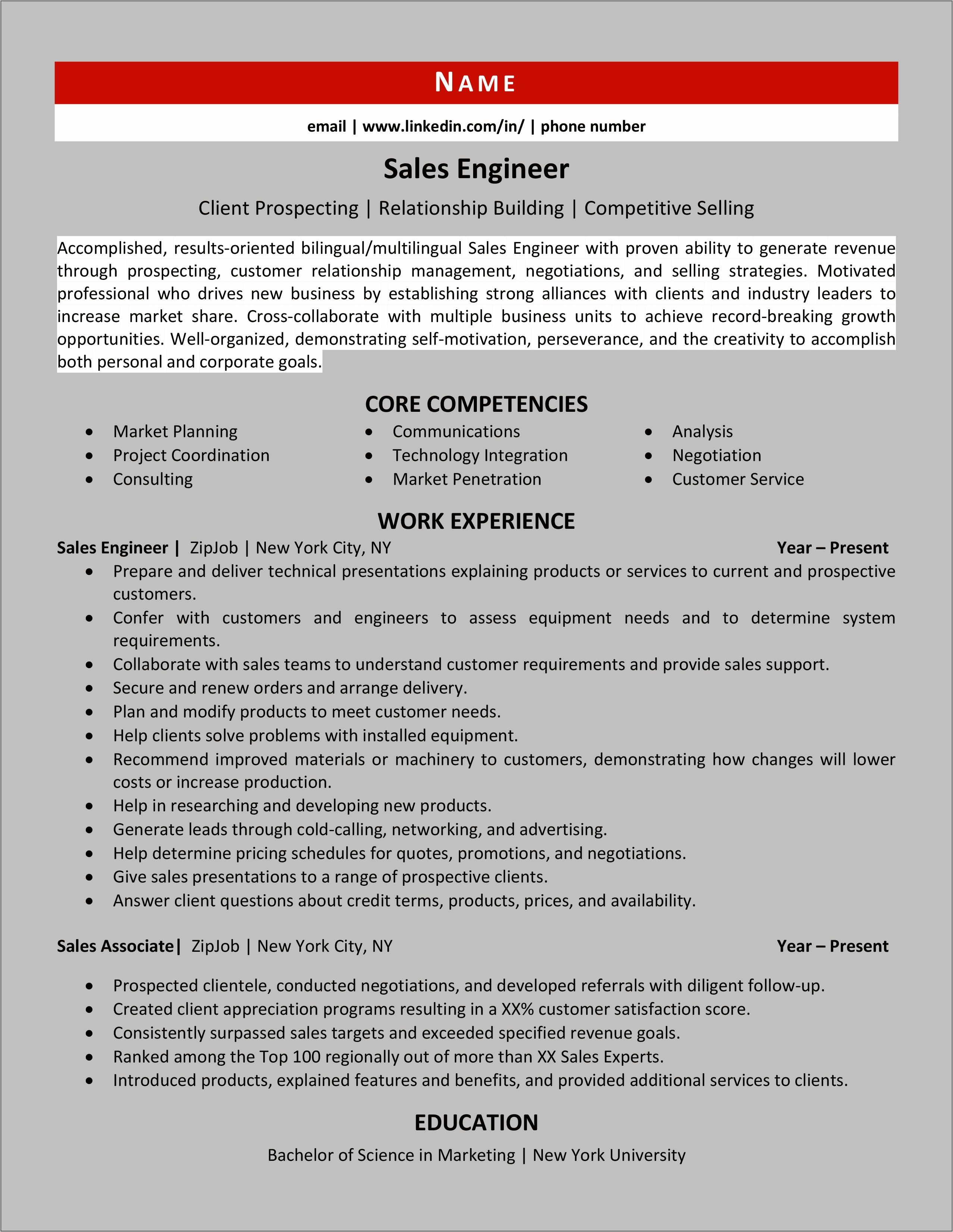 Sales Engineer Job Description Resume