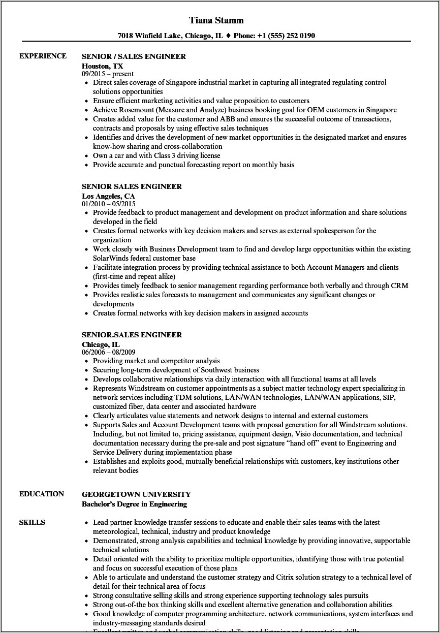 Sales Engineer Resume Sample India