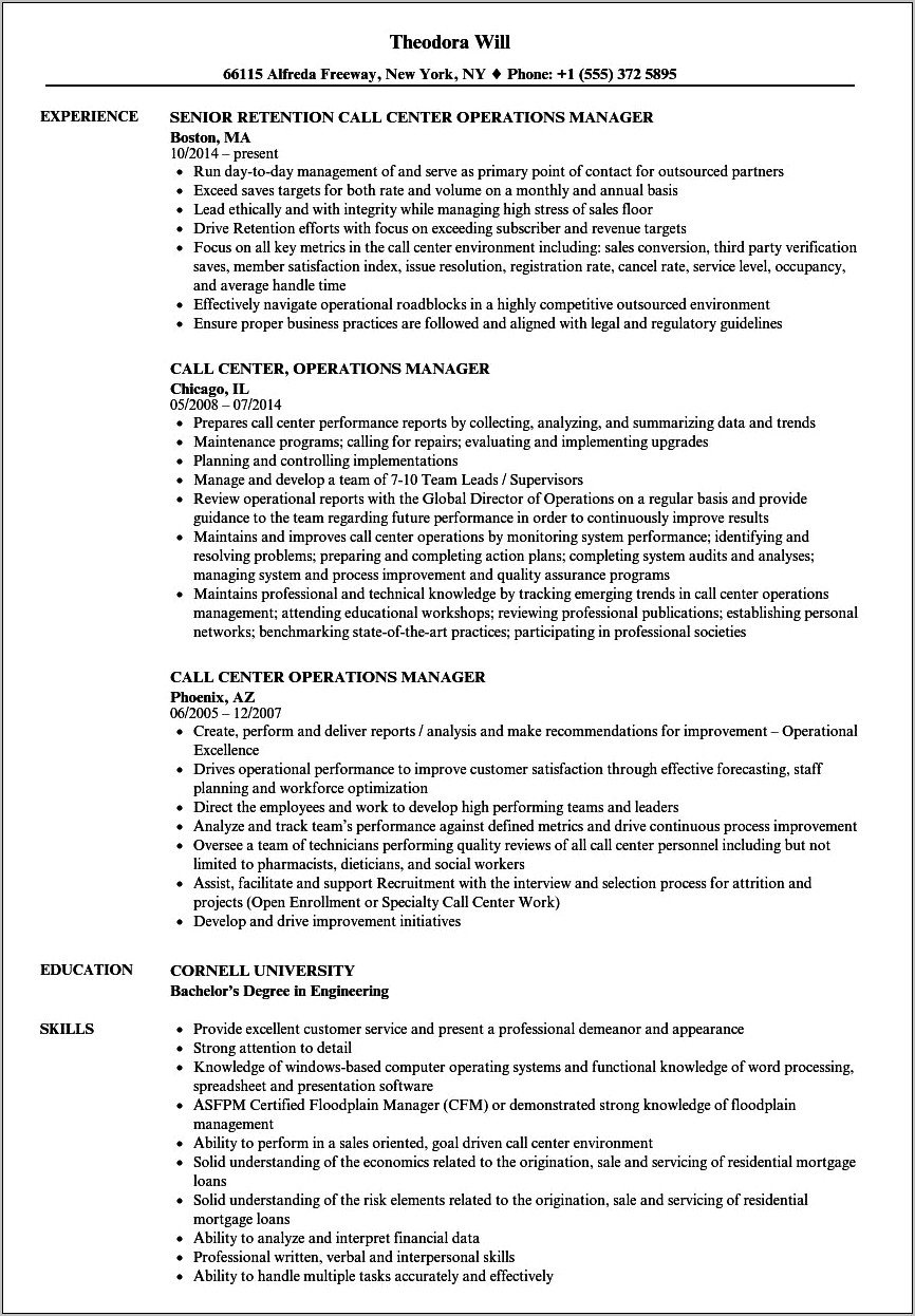 Sales Manager Call Center Resume