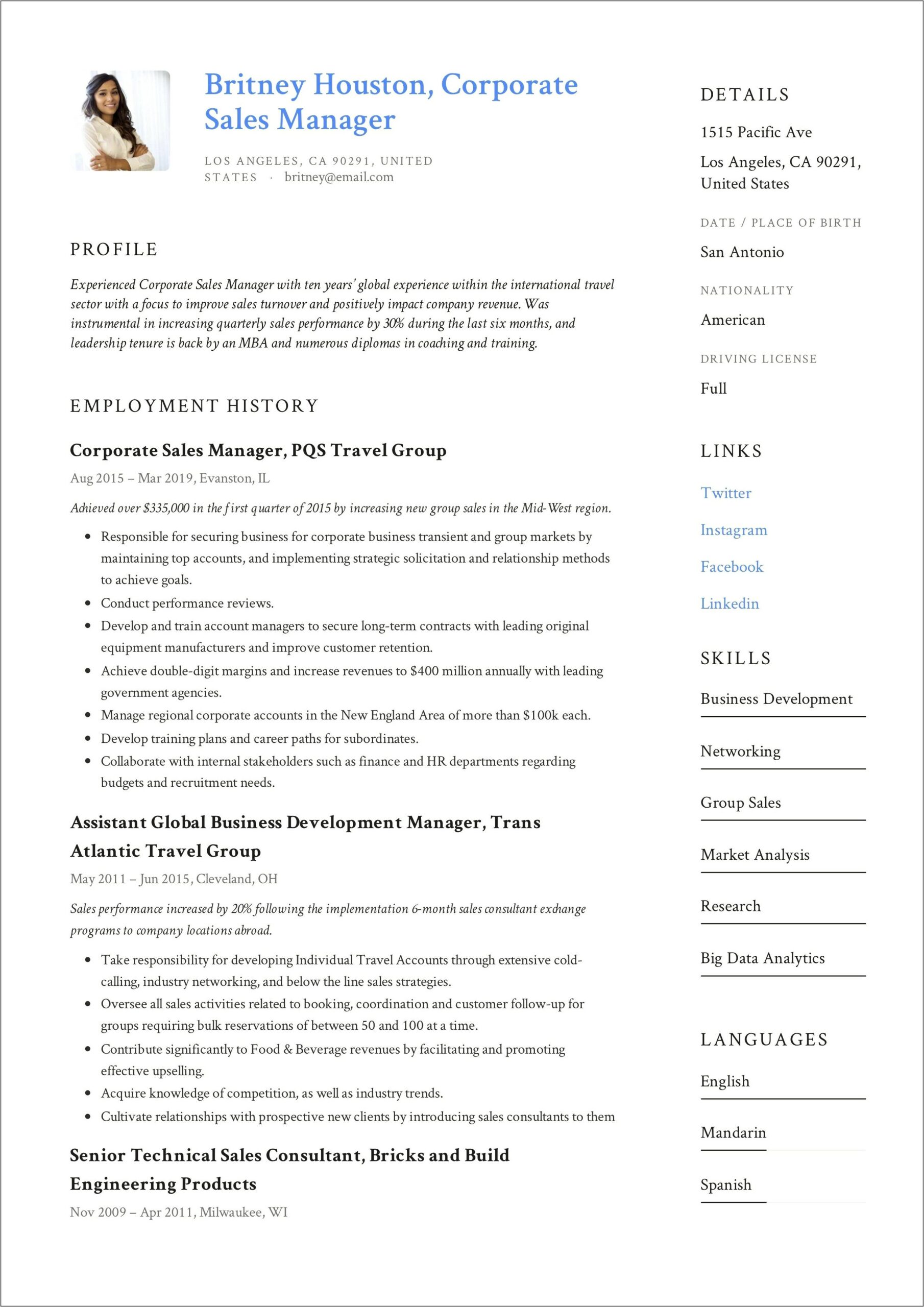 Sales Manager Job Resume Sample