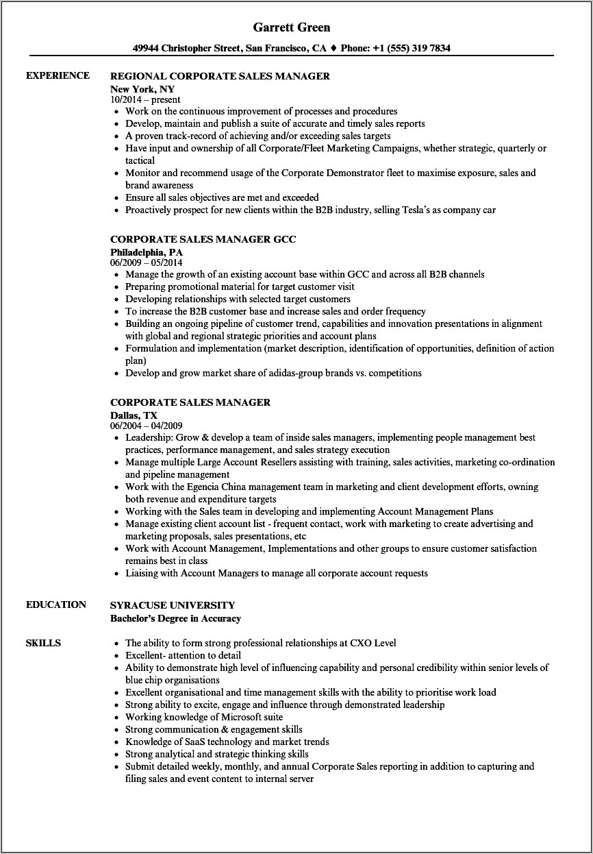 Sales Manager Resume Sample Download