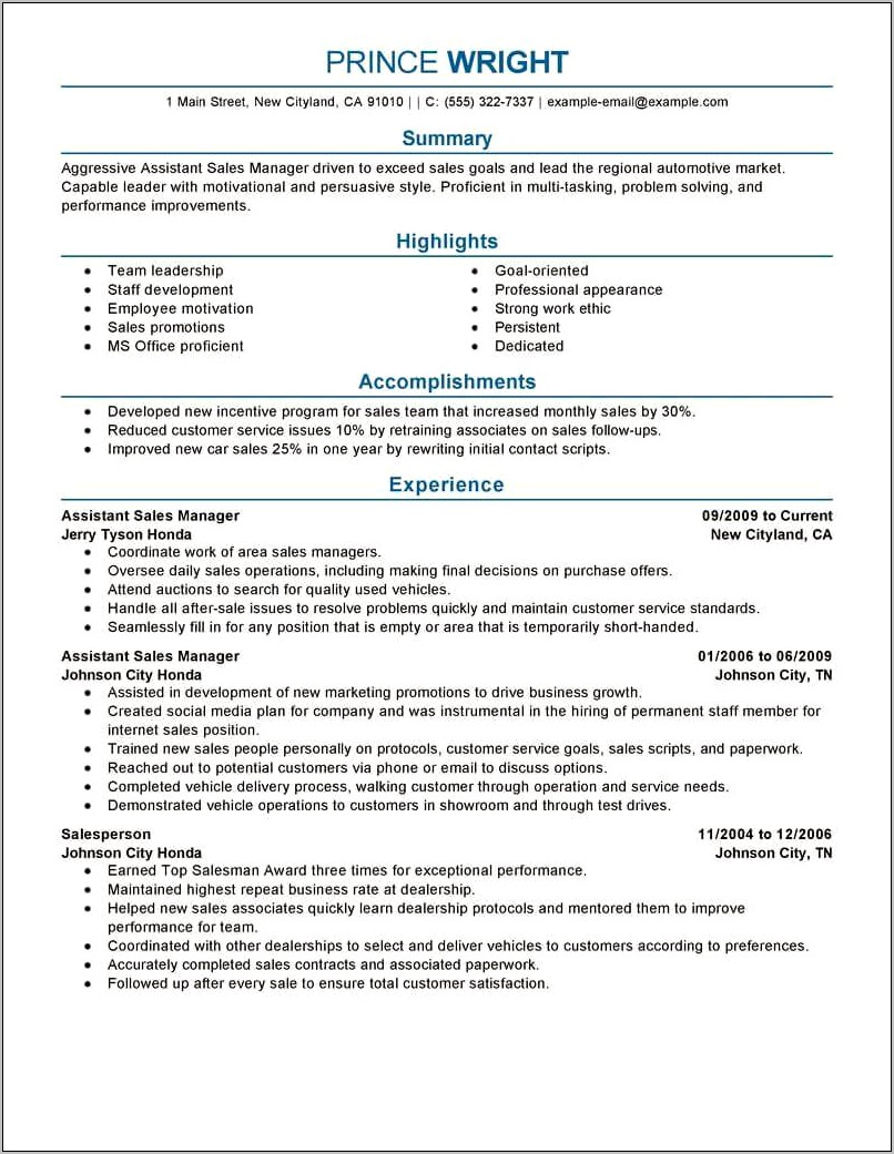 Sales Manager Resume Summary Examples